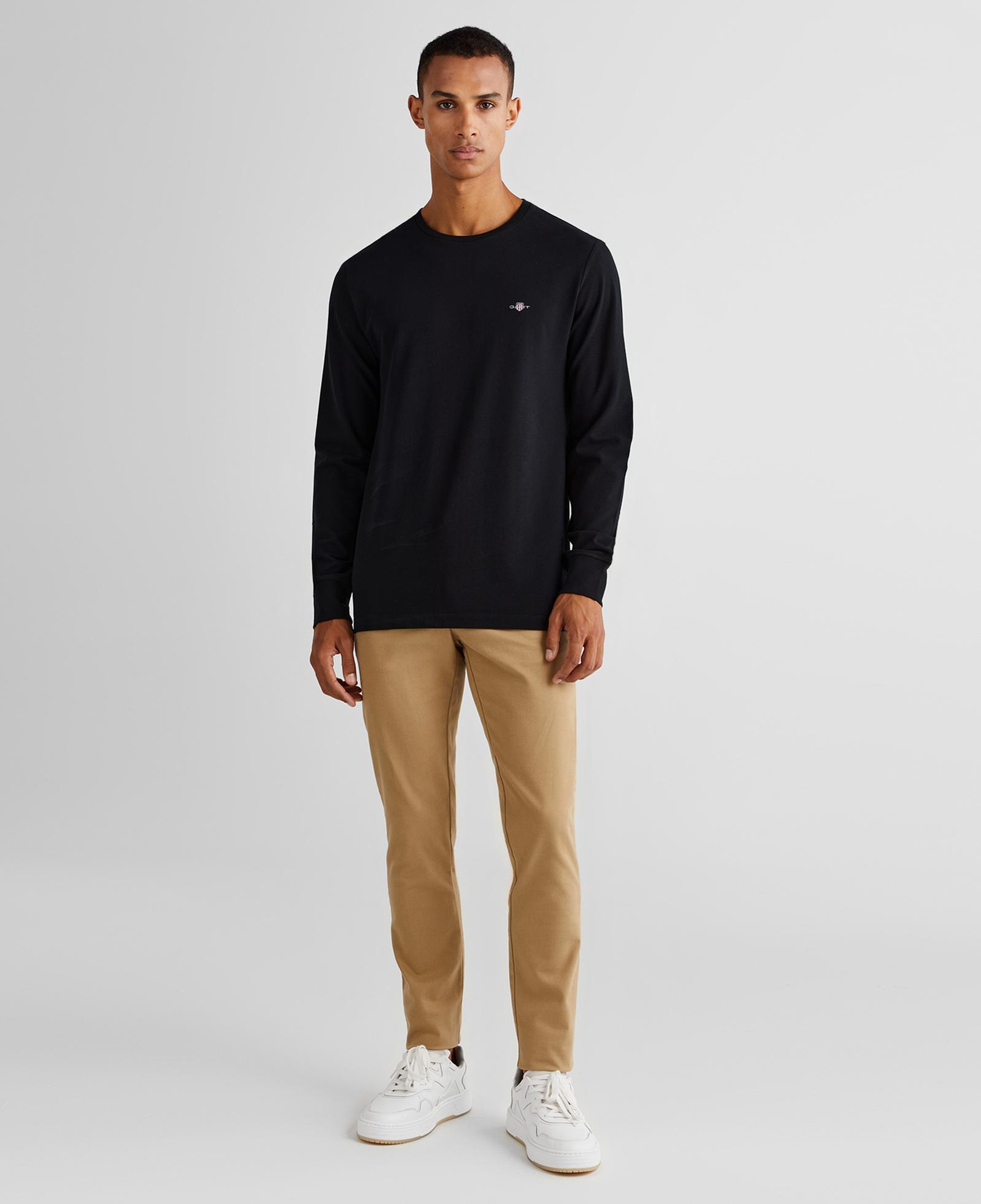 GANT Erkek Siyah Slim Fit Bisiklet Yaka Uzun Kollu T-Shirt