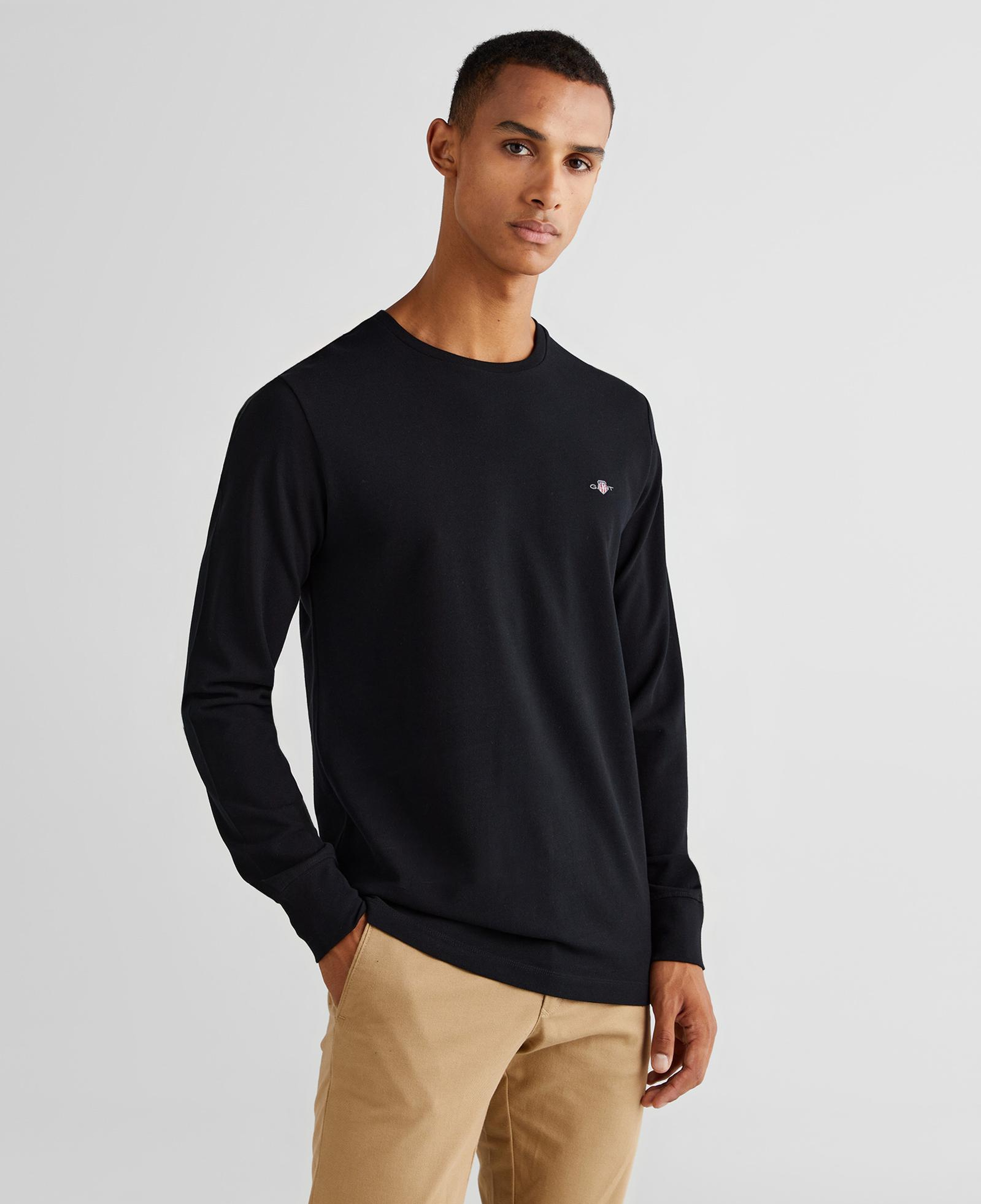 GANT Erkek Siyah Slim Fit Bisiklet Yaka Uzun Kollu T-Shirt