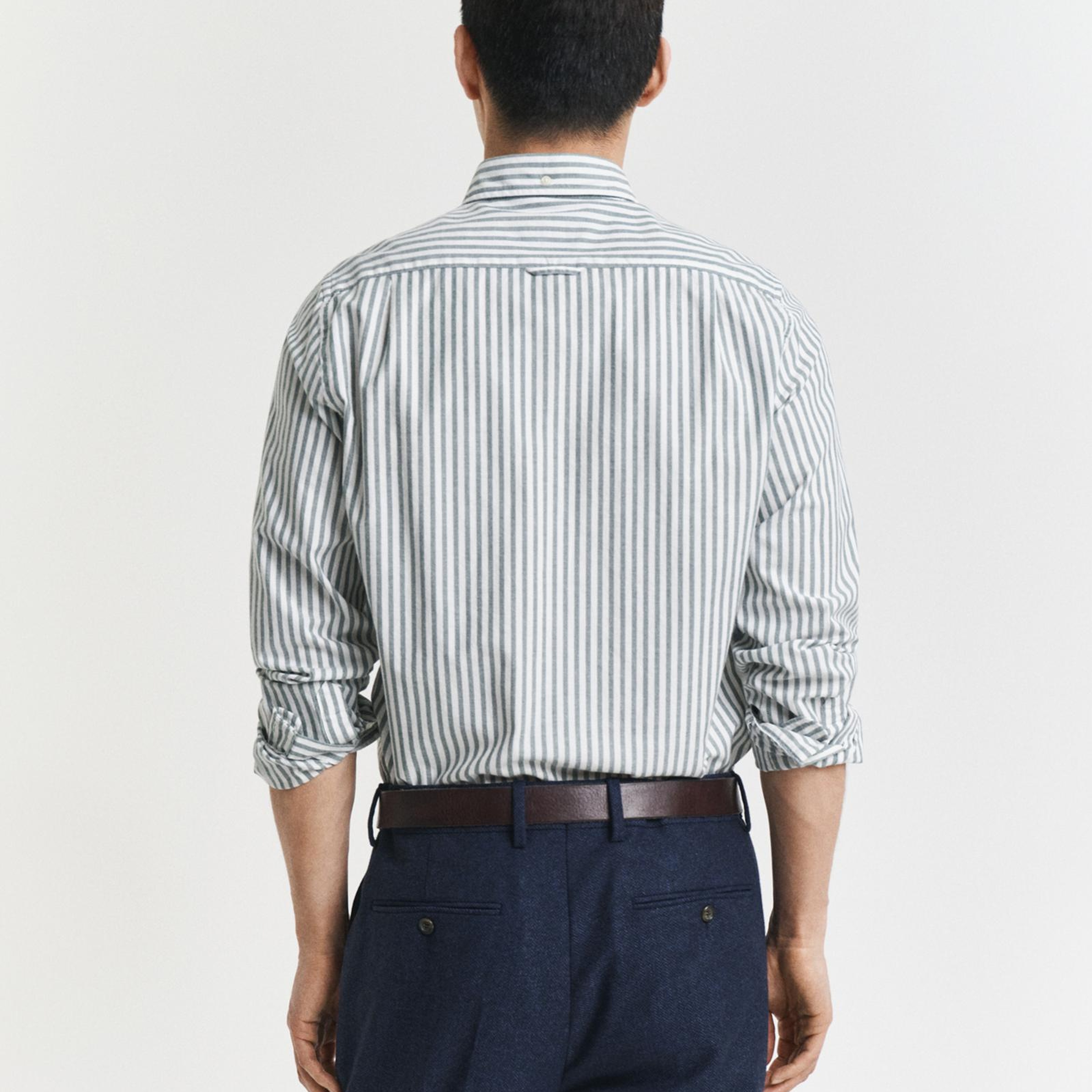 GANT Erkek Yeşil Slim Fit Düğmeli Yaka Çizgili Oxford Gömlek