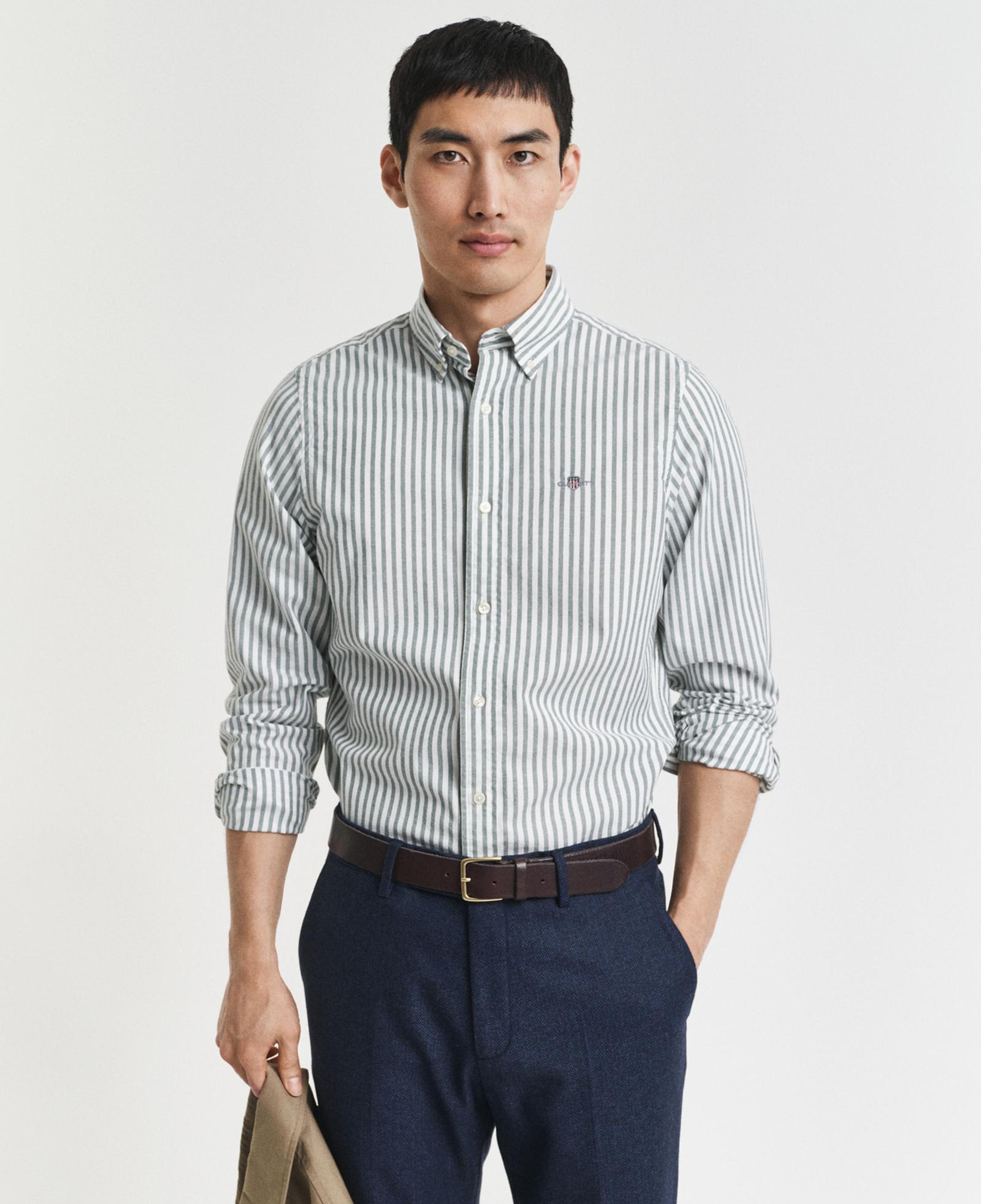 GANT Erkek Yeşil Slim Fit Düğmeli Yaka Çizgili Oxford Gömlek