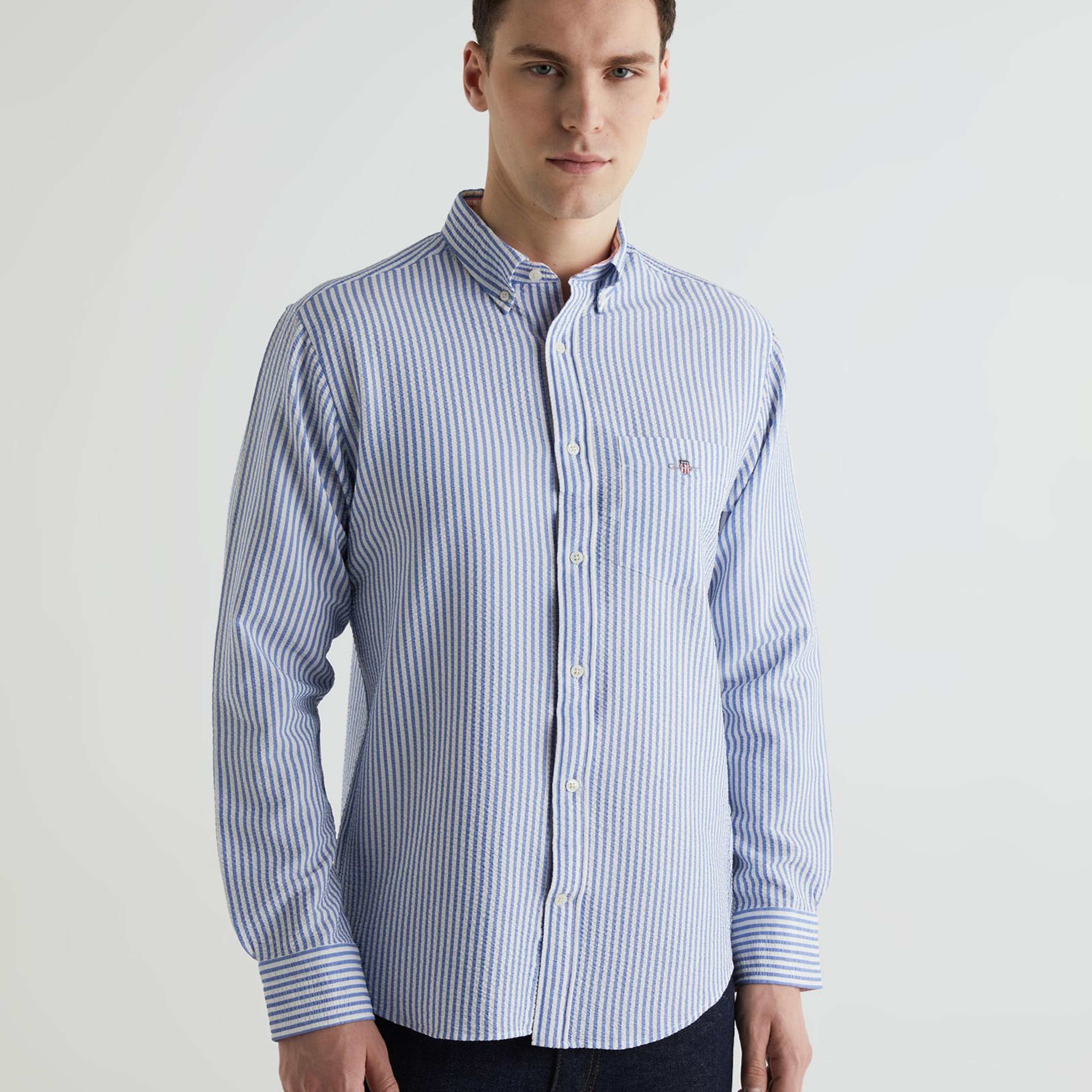 GANT Erkek Mavi Regular Fit Çizgili Logolu Gömlek