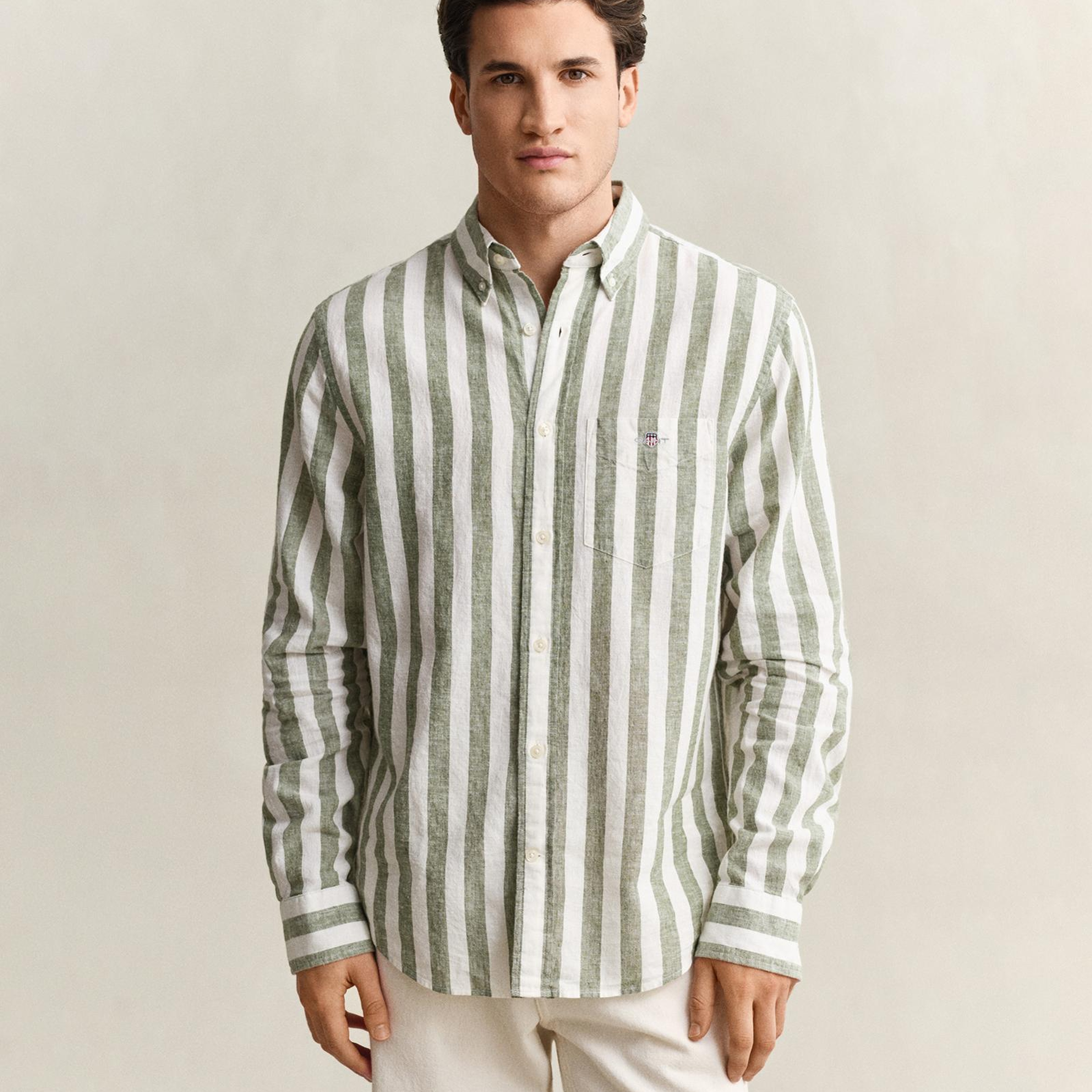 GANT Erkek Yeşil Regular Fit Çizgili Logolu Gömlek