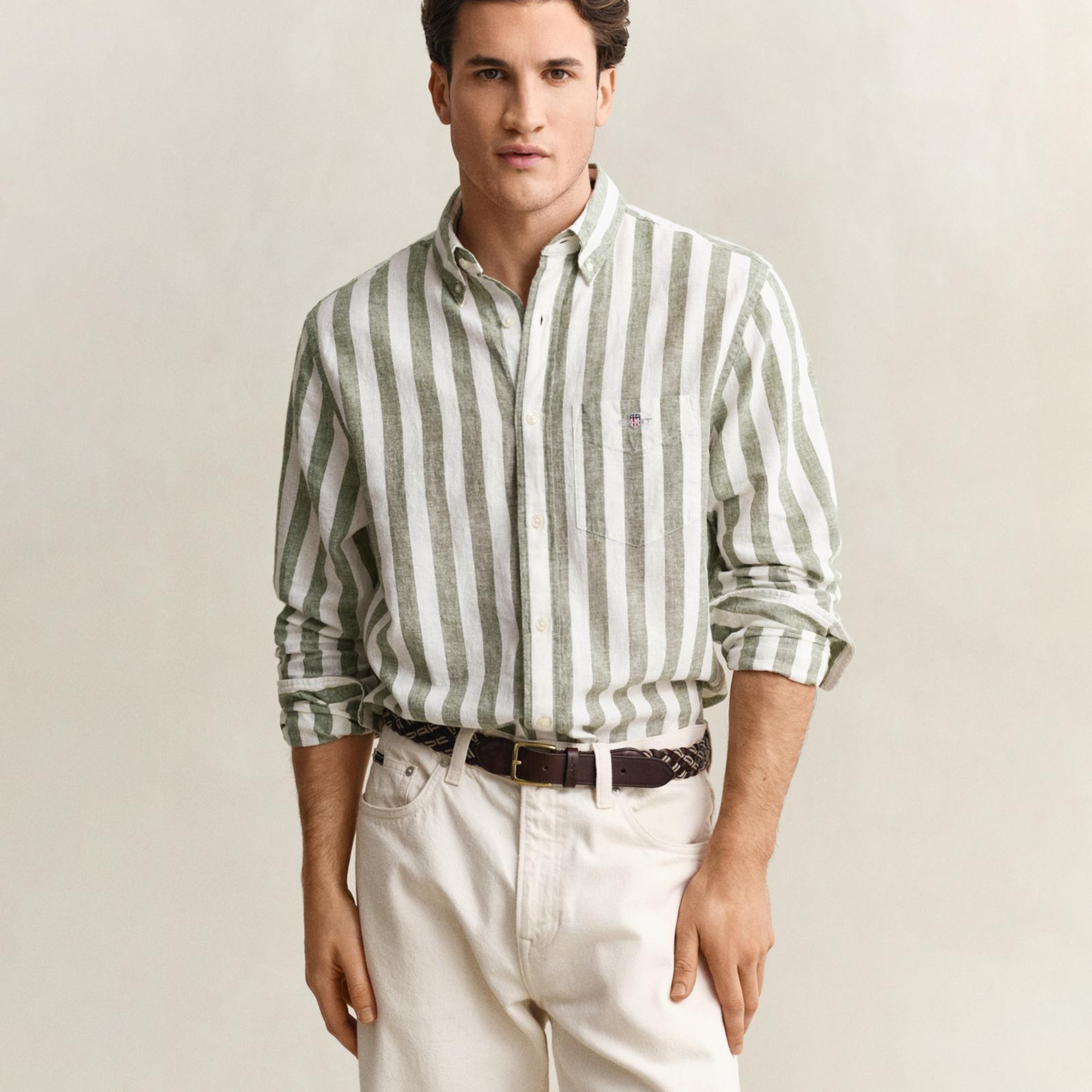 GANT Erkek Yeşil Regular Fit Çizgili Logolu Gömlek