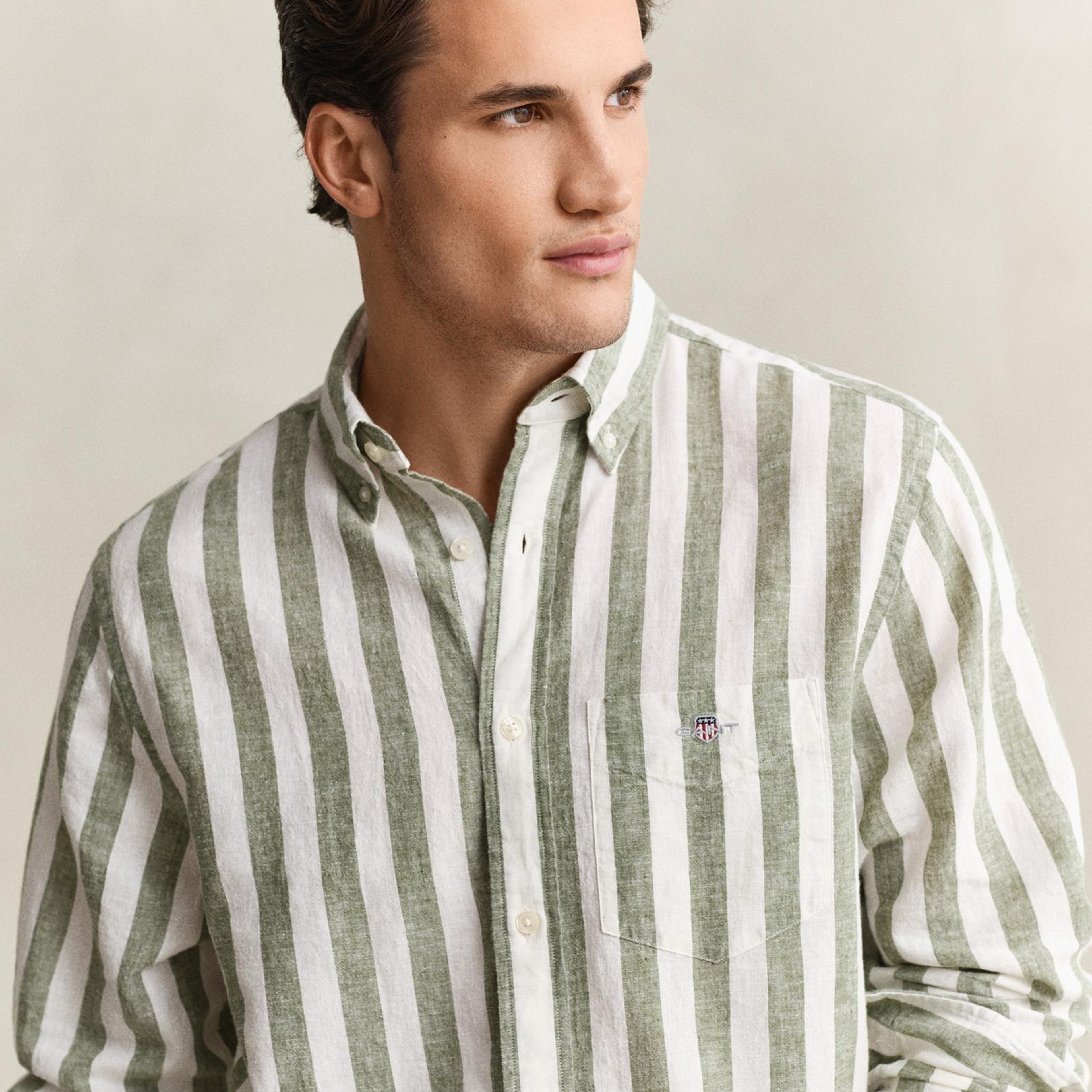 GANT Erkek Yeşil Regular Fit Çizgili Logolu Gömlek