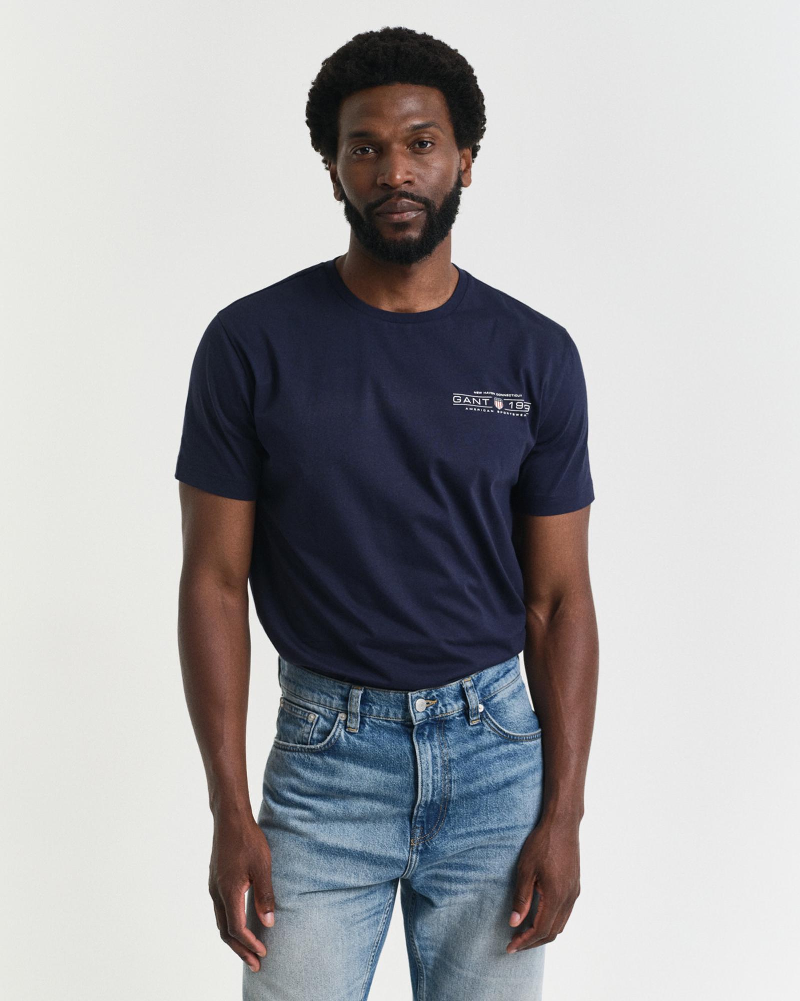 GANT Erkek Lacivert Regular Fit Bisiklet Yaka Logolu T-Shirt