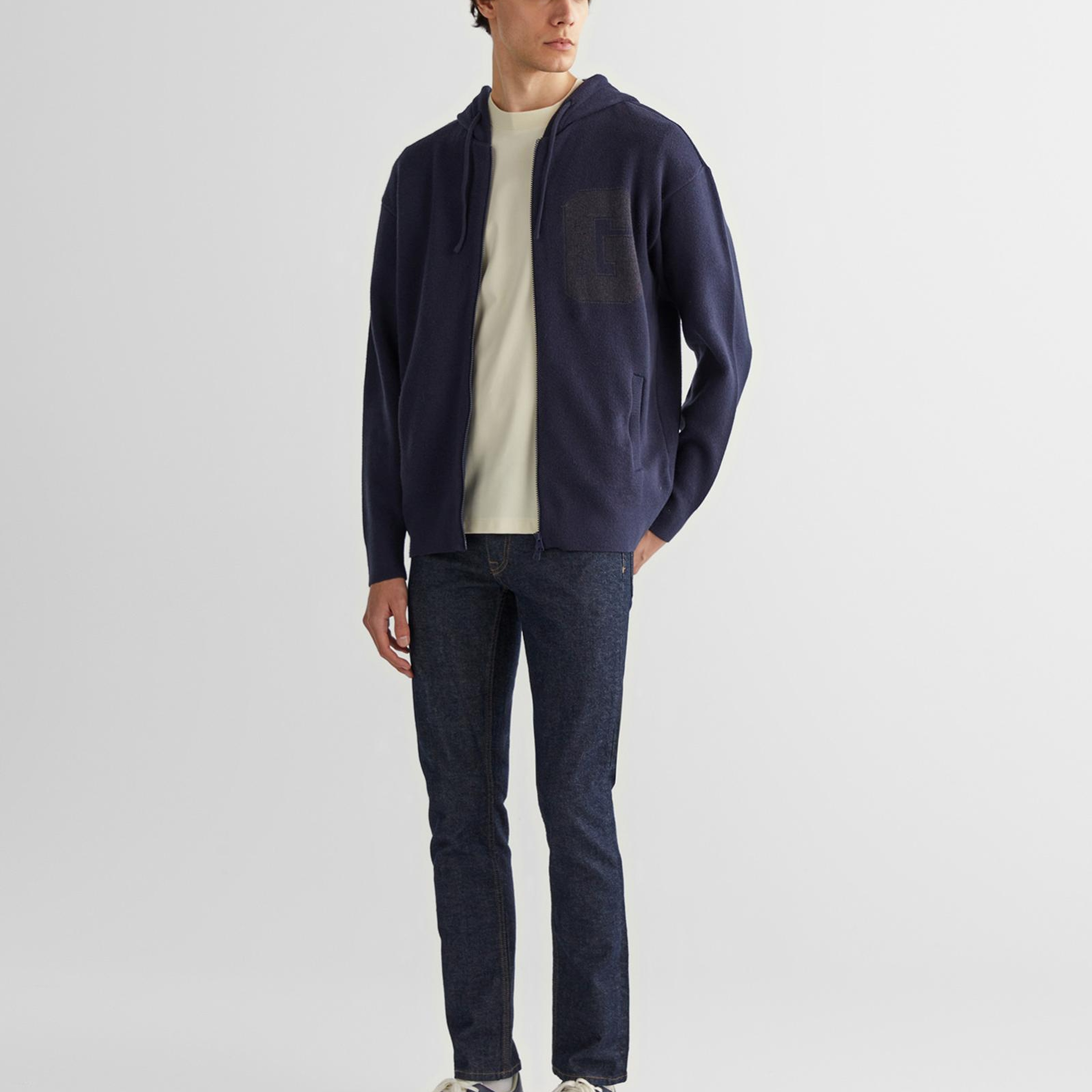 GANT Erkek Lacivert Regular Fit Kapüşonlu Logolu Hırka