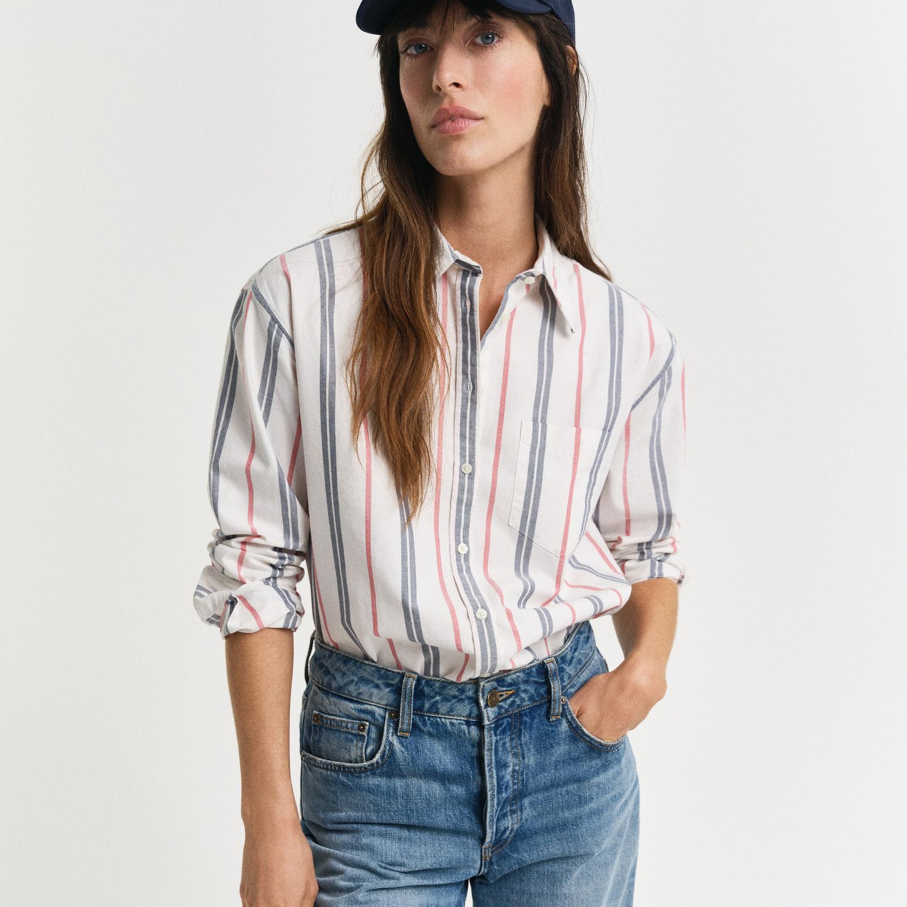 GANT Kadın Krem Relaxed Fit Klasik Yaka Çizgili Gömlek