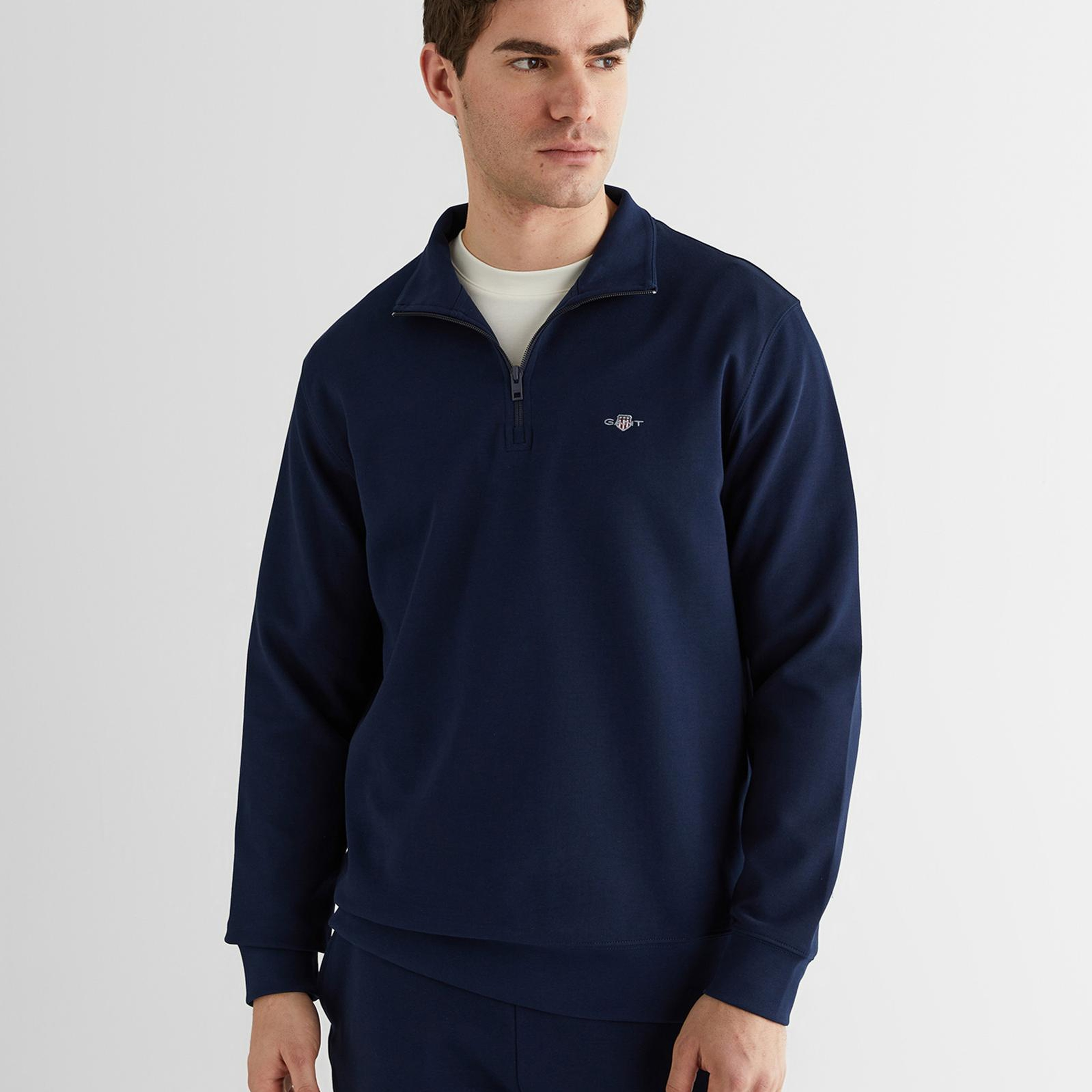 GANT Erkek Lacivert Relaxed Fit Yarım Fermuarlı Logolu Sweatshirt