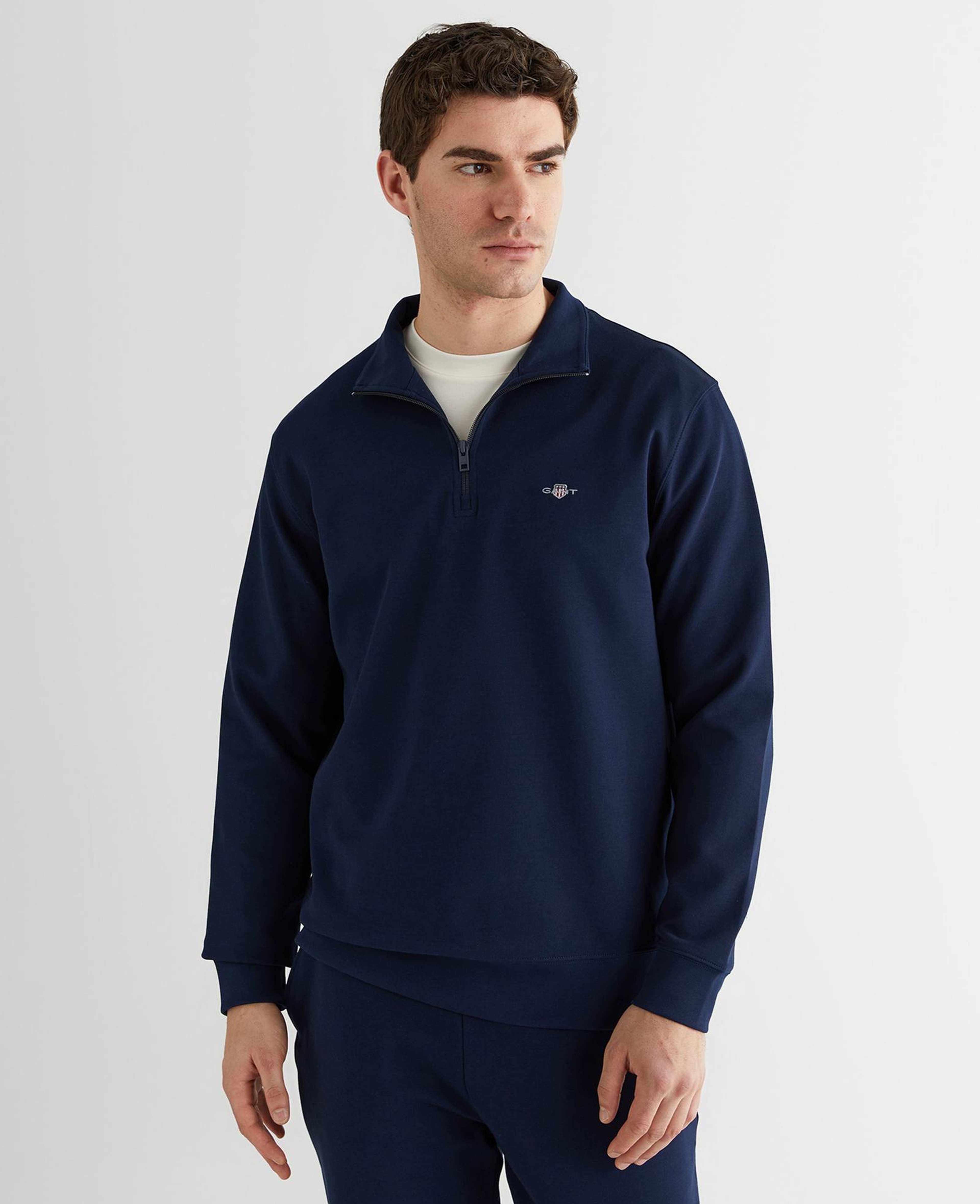 GANT Erkek Lacivert Relaxed Fit Yarım Fermuarlı Logolu Sweatshirt