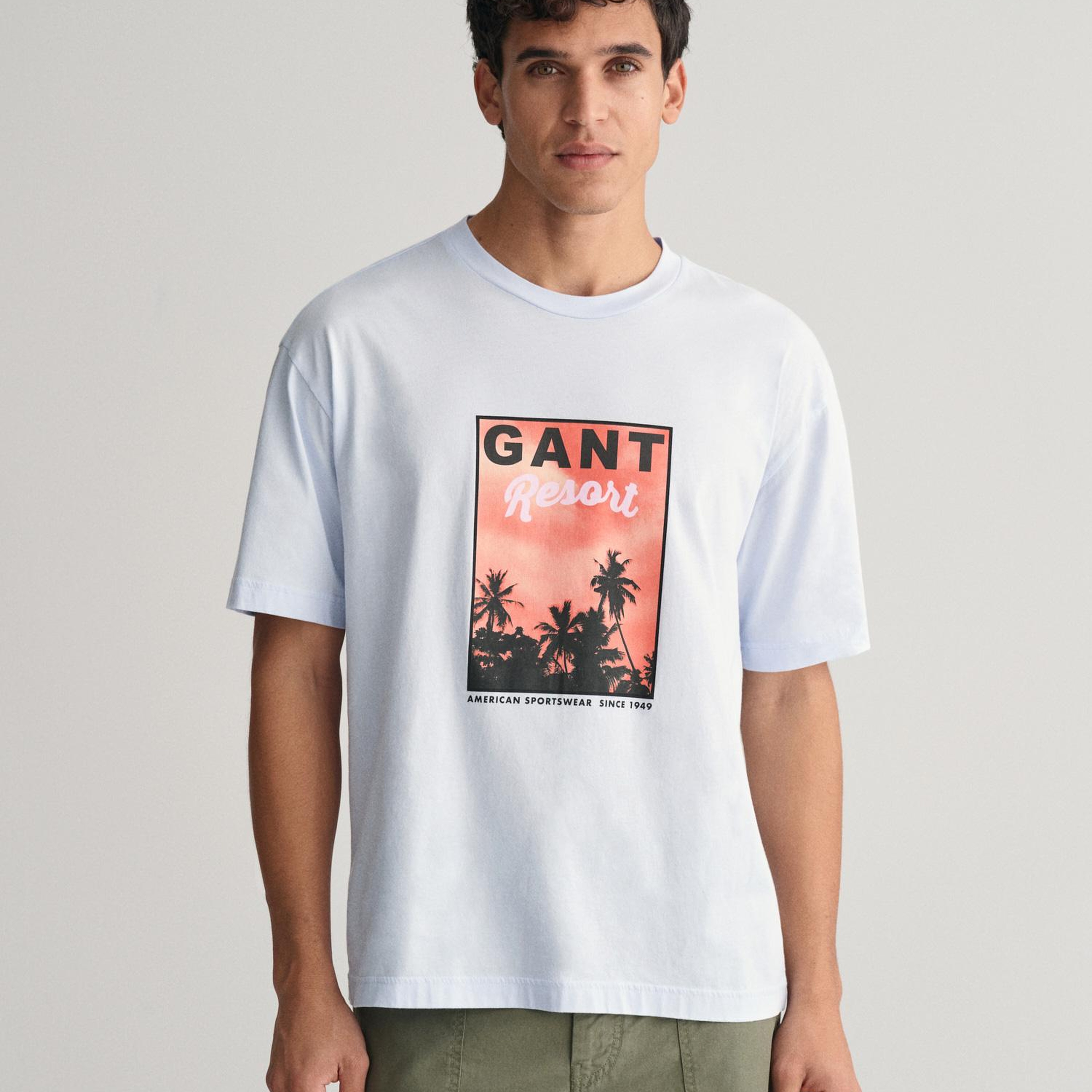 GANT Erkek Mavi Regular Fit Bisiklet Yaka Baskılı T-shirt