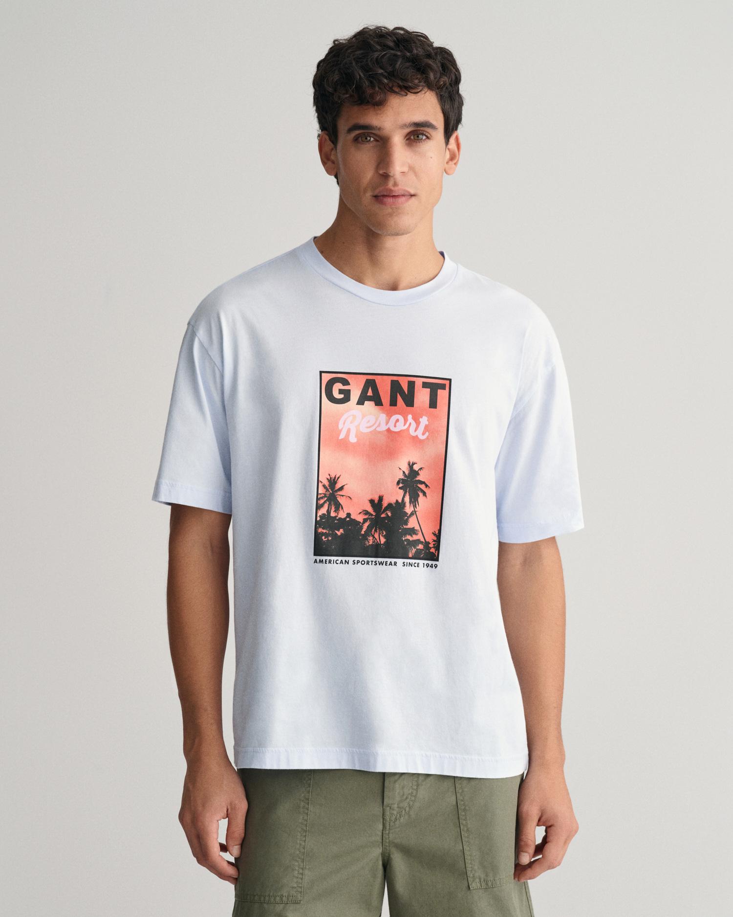 GANT Erkek Mavi Regular Fit Bisiklet Yaka Baskılı T-shirt