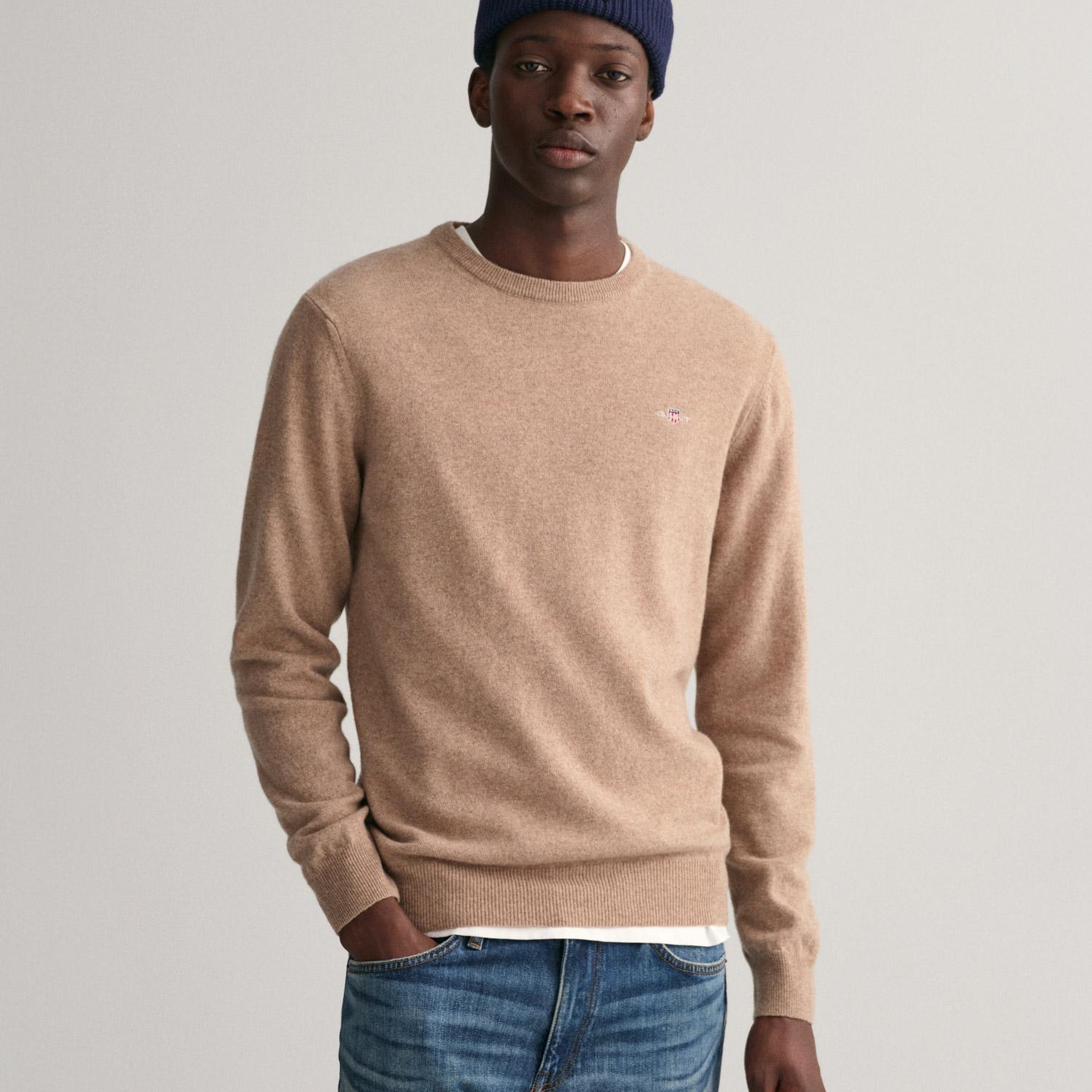 GANT Erkek Bej Regular Fit Bisiklet Yaka Yün Kazak