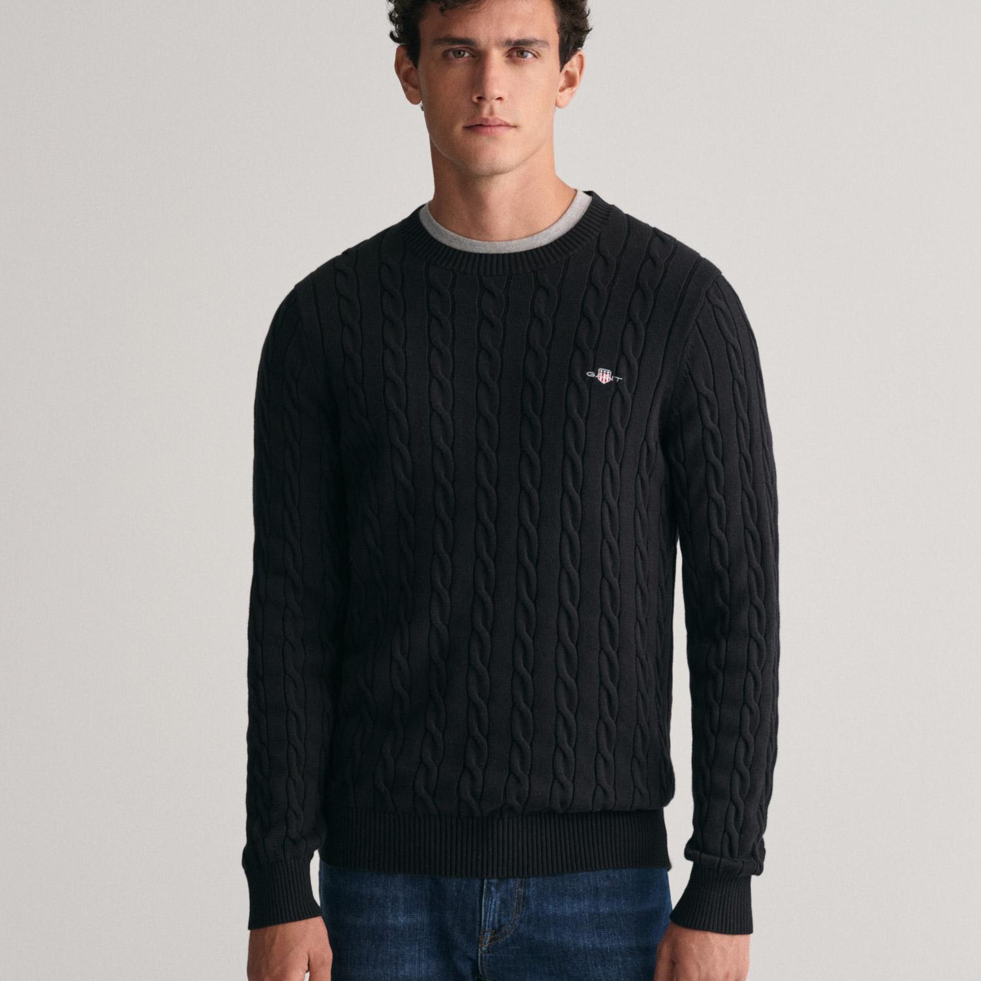 GANT Erkek Siyah Regular Fit Bisiklet Yaka Örgü Kazak