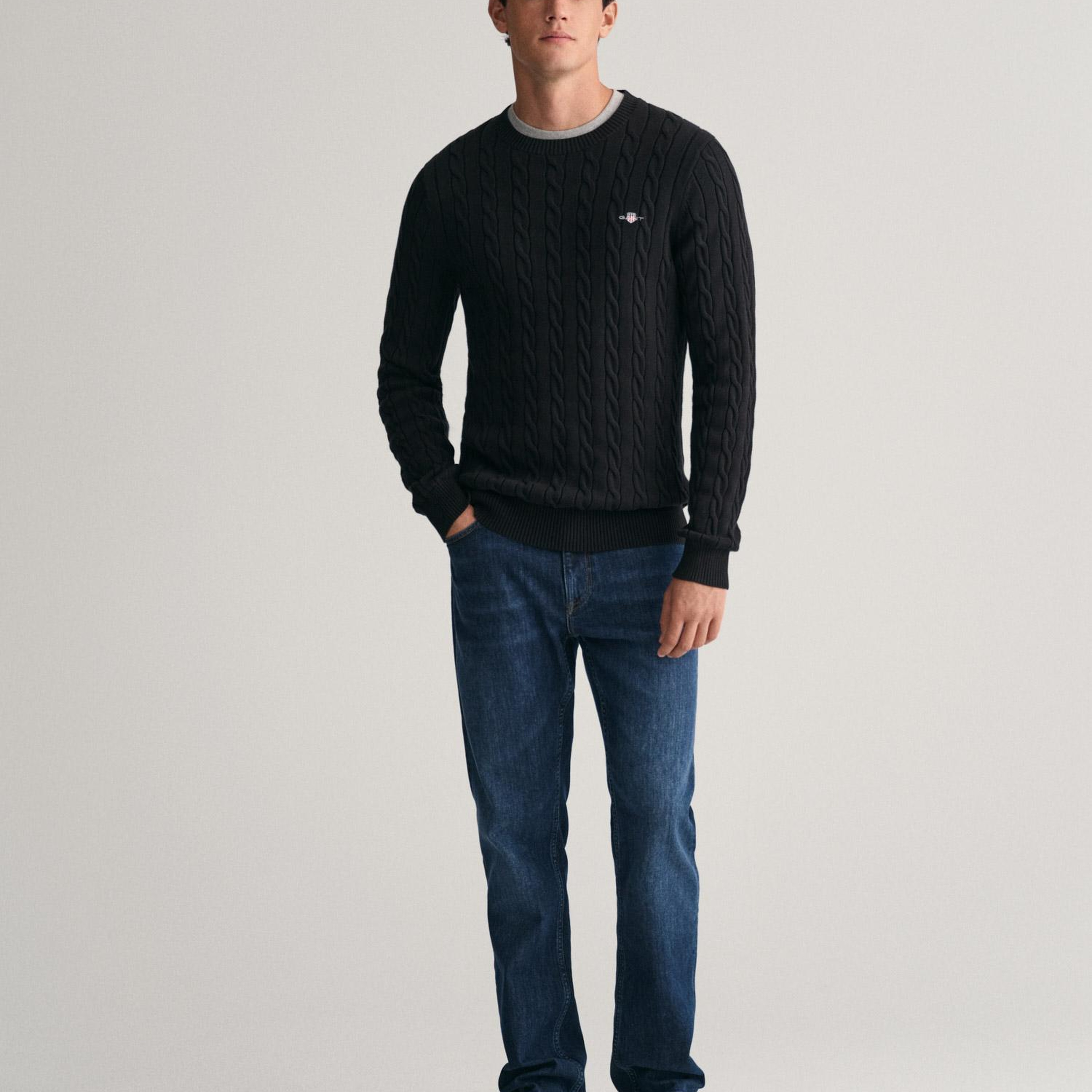 GANT Erkek Siyah Regular Fit Bisiklet Yaka Örgü Kazak