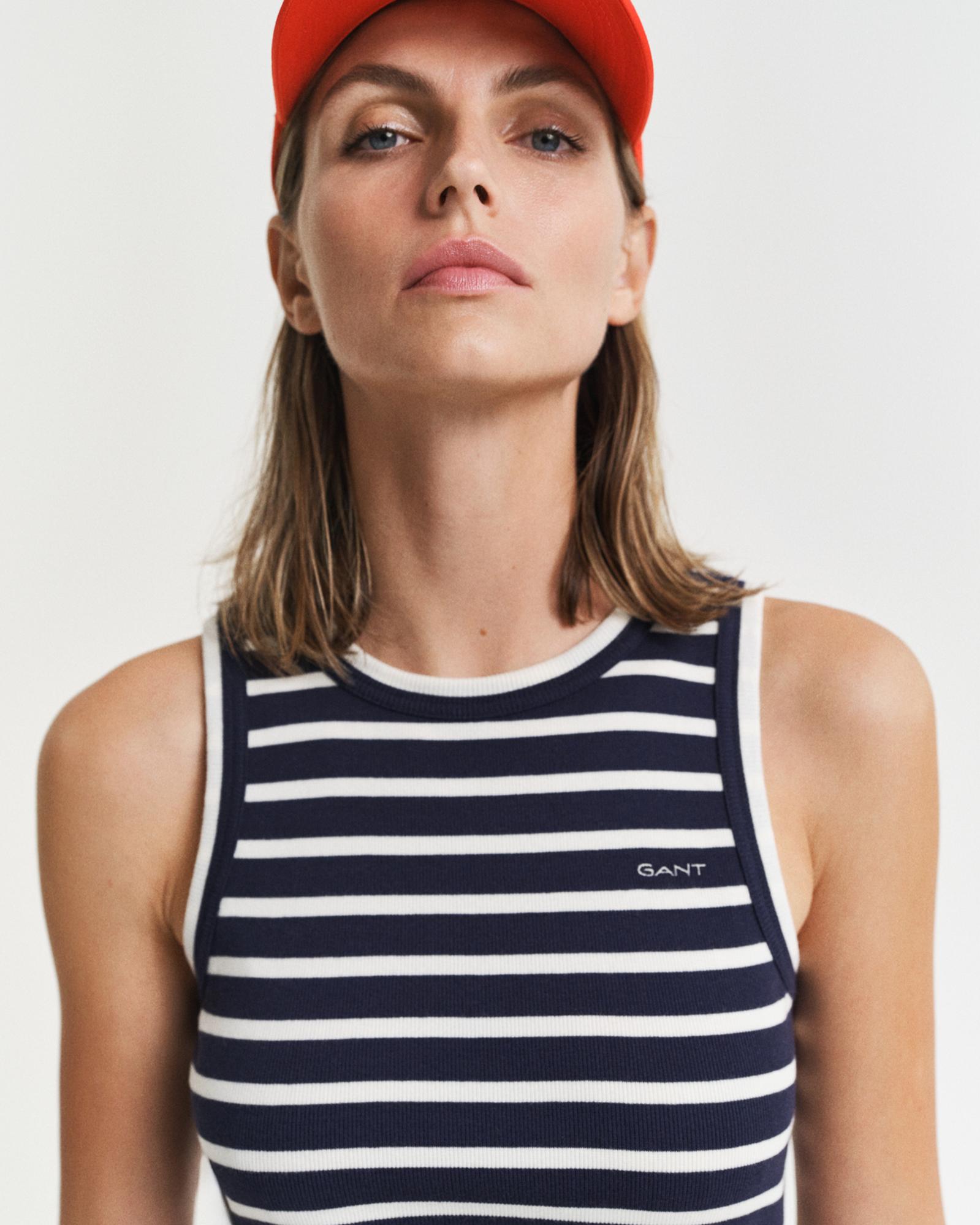 GANT Kadın Lacivert Slim Fit Bisiklet Yaka Çizgili Elbise