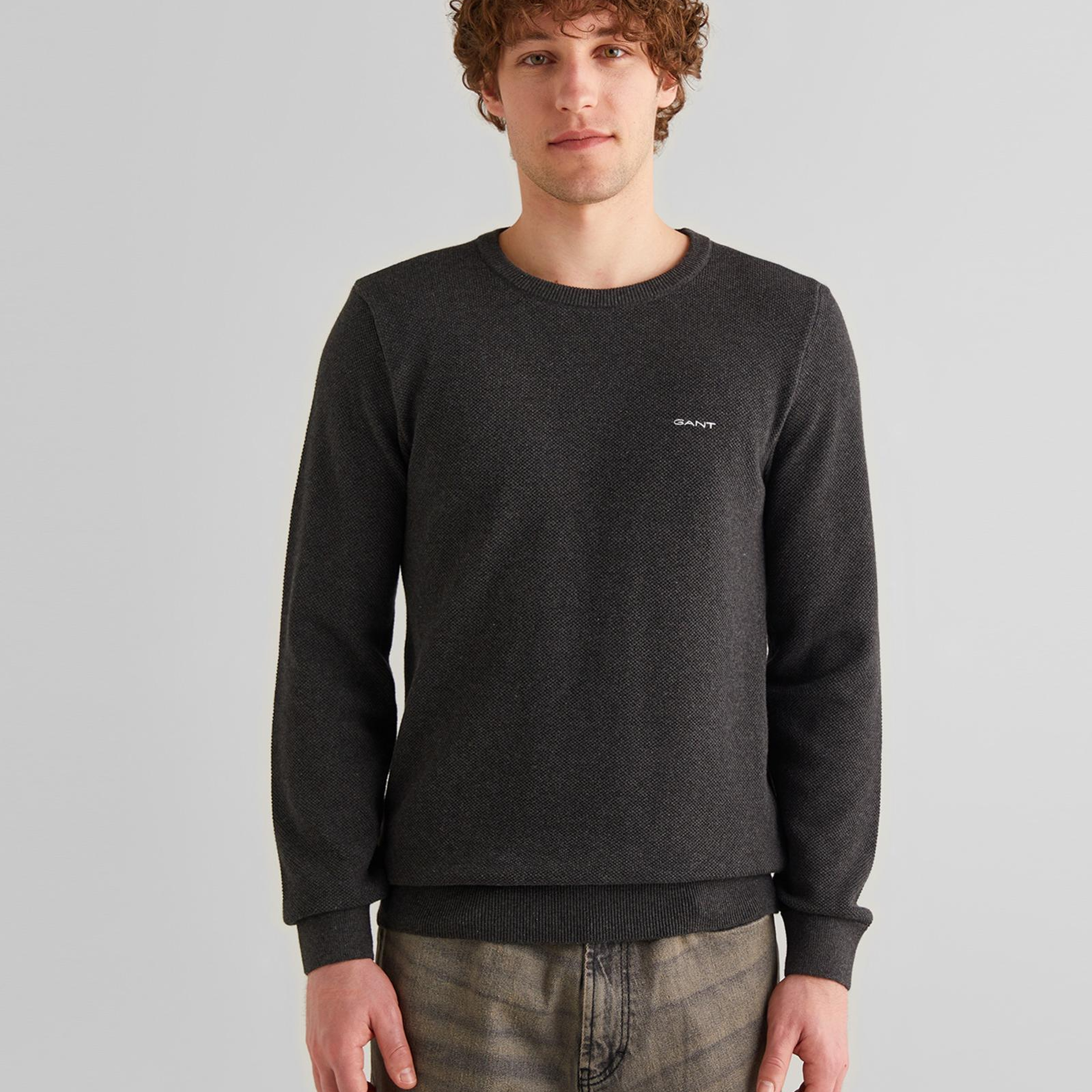 GANT Erkek Gri Regular Fit Bisiklet Yaka Kazak