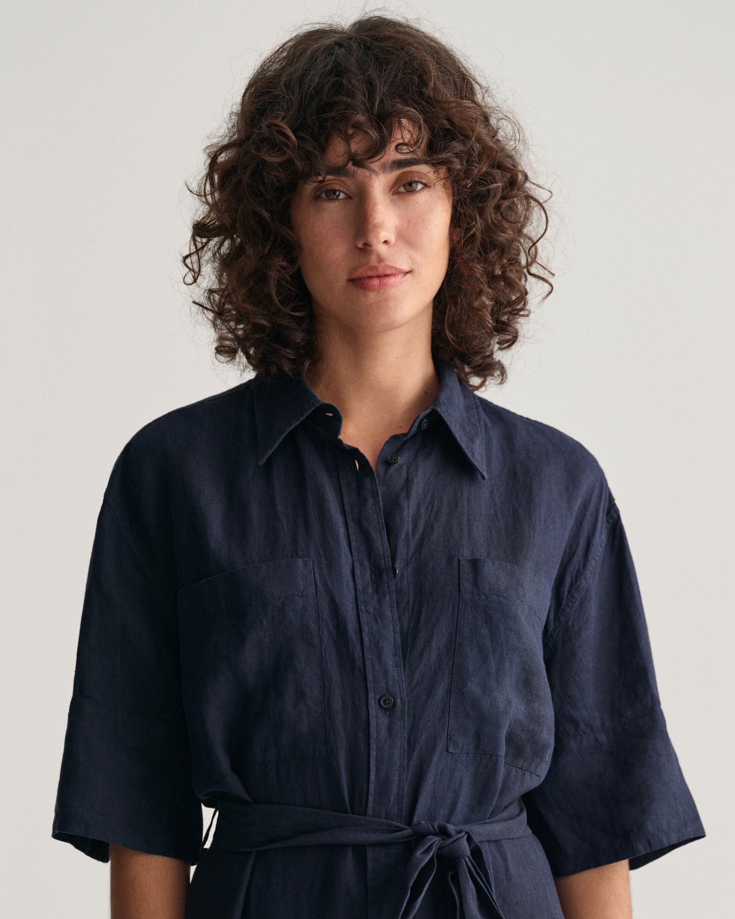 GANT Kadın Lacivert Relaxed Fit Polo Yaka Keten Elbise