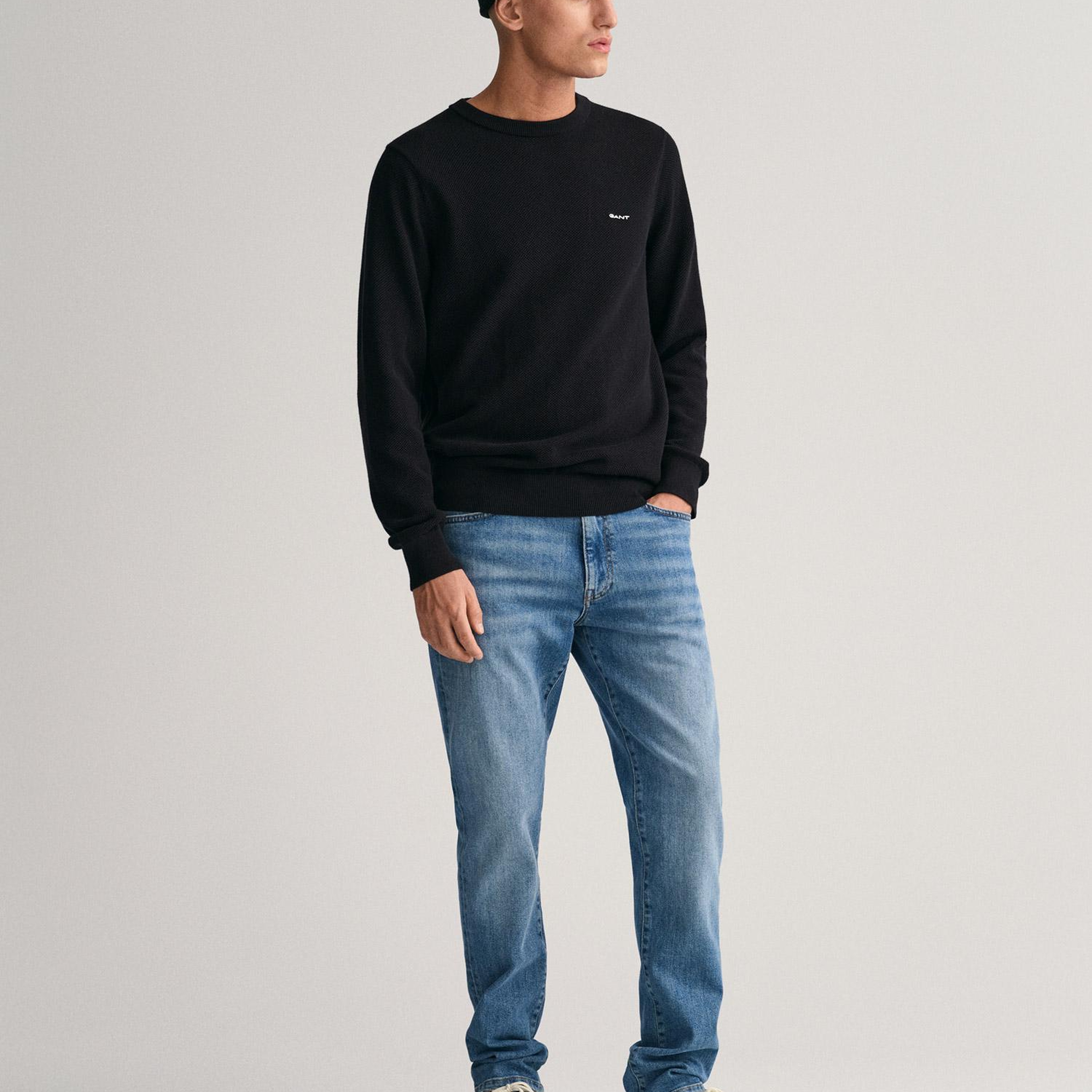 GANT Erkek Siyah Regular Fit Bisiklet Yaka Kazak