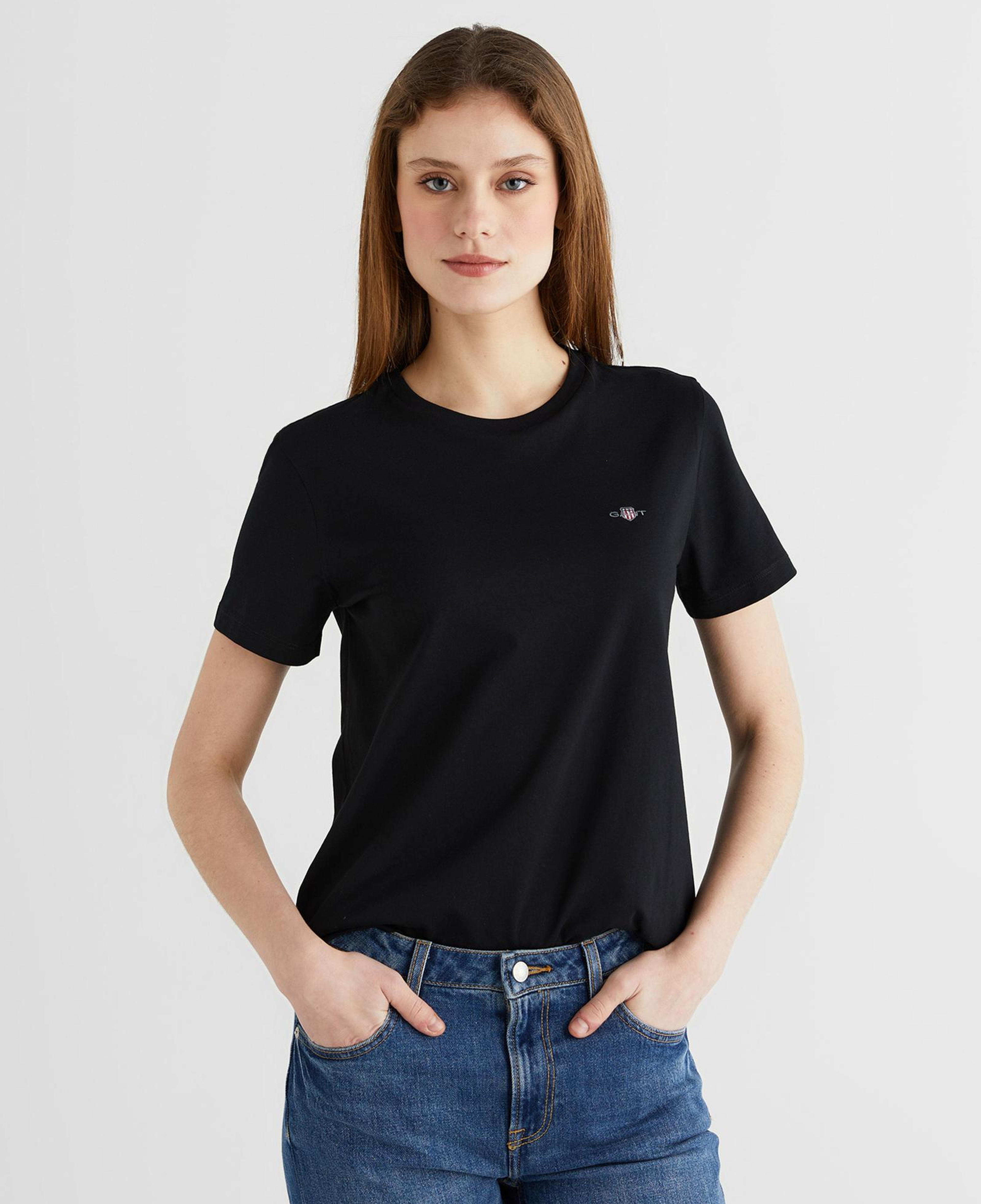 GANT Kadın Siyah Bisiklet Yaka Regular Fit Logolu T-Shirt