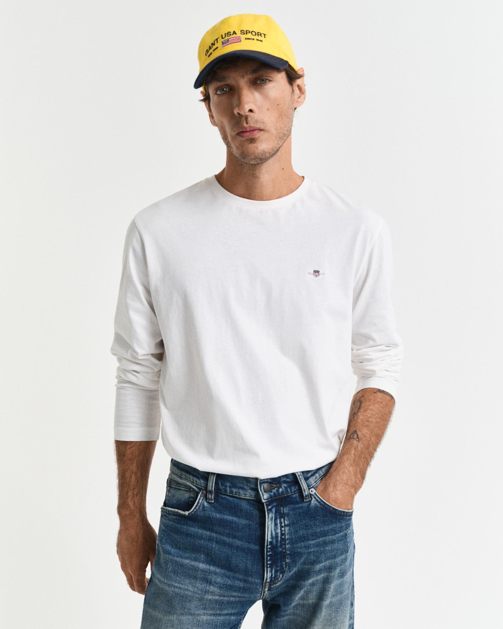 GANT Erkek Beyaz Regular Fit Bisiklet Yaka Uzun Kollu T-Shirt