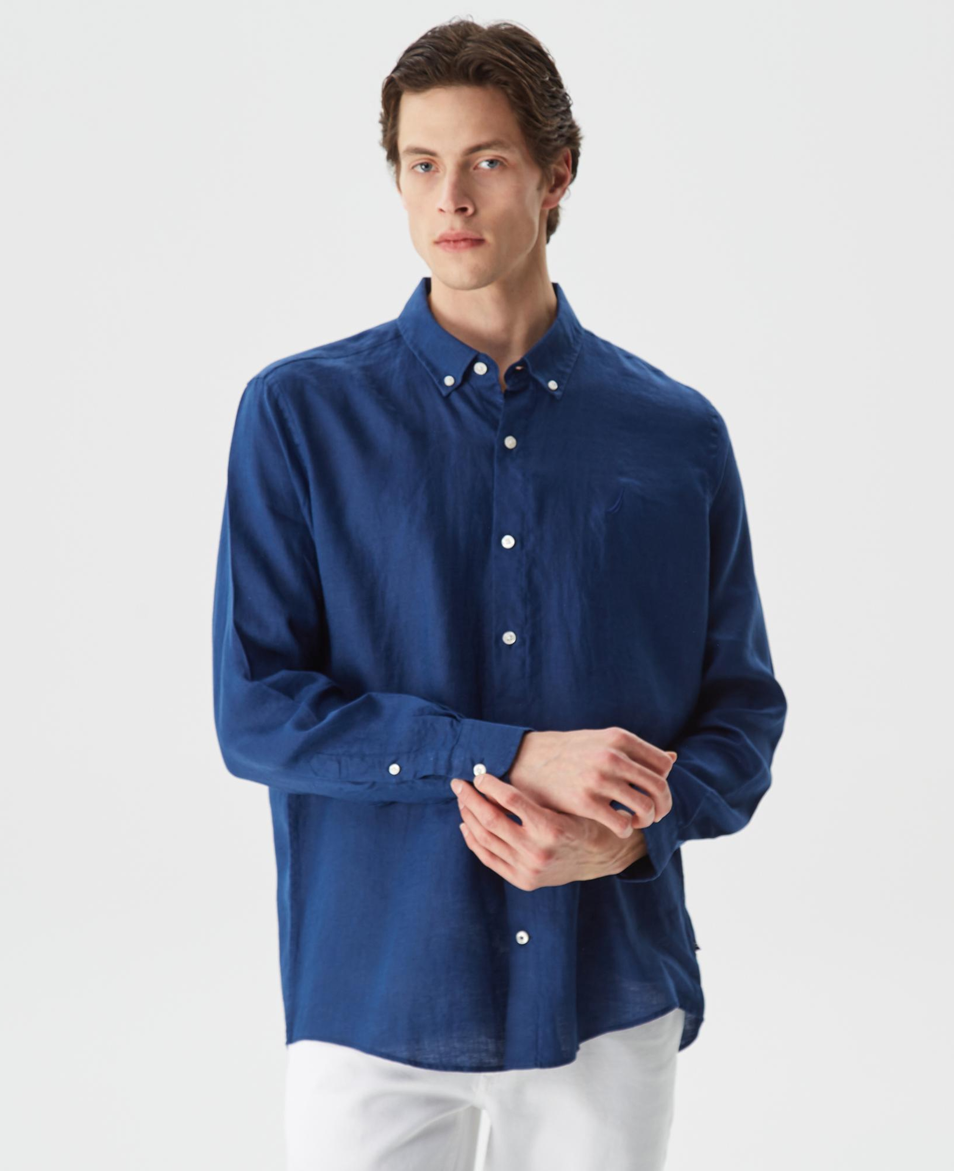 Nautica Erkek Lacivert Classic Fit Uzun Kollu Keten Gömlek