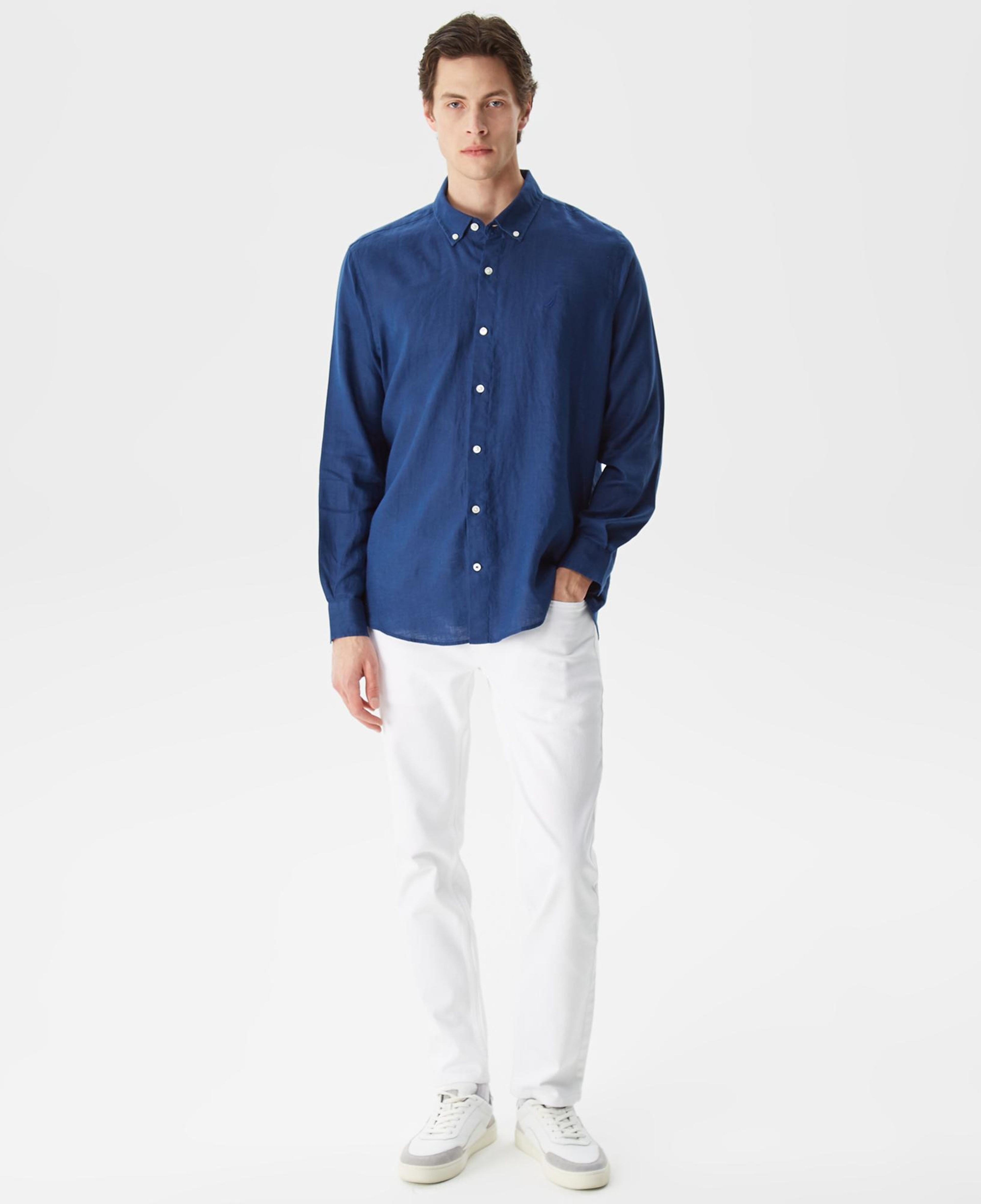 Nautica Erkek Lacivert Classic Fit Uzun Kollu Keten Gömlek