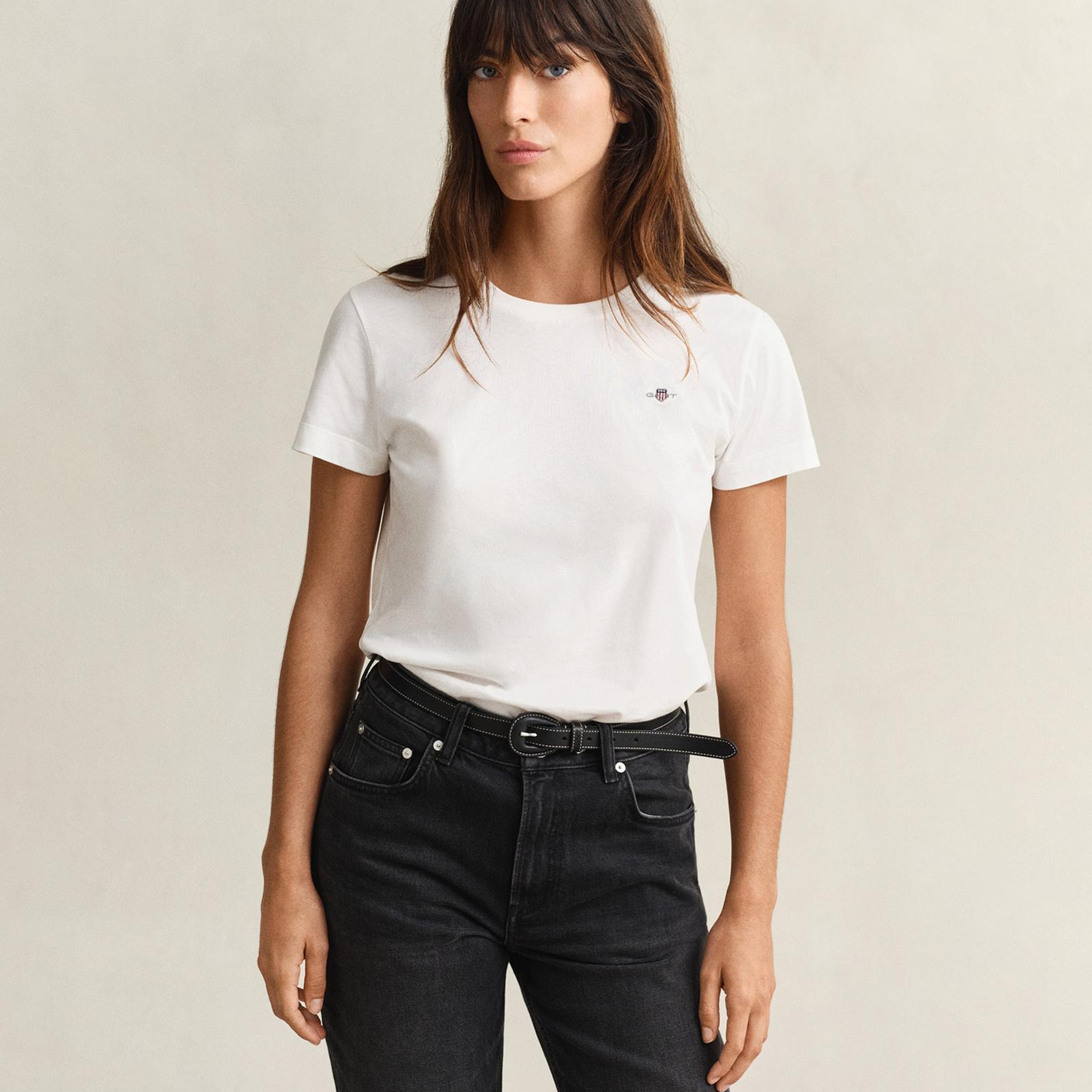 GANT Kadın Beyaz Bisiklet Yaka Regular Fit Logolu T-Shirt