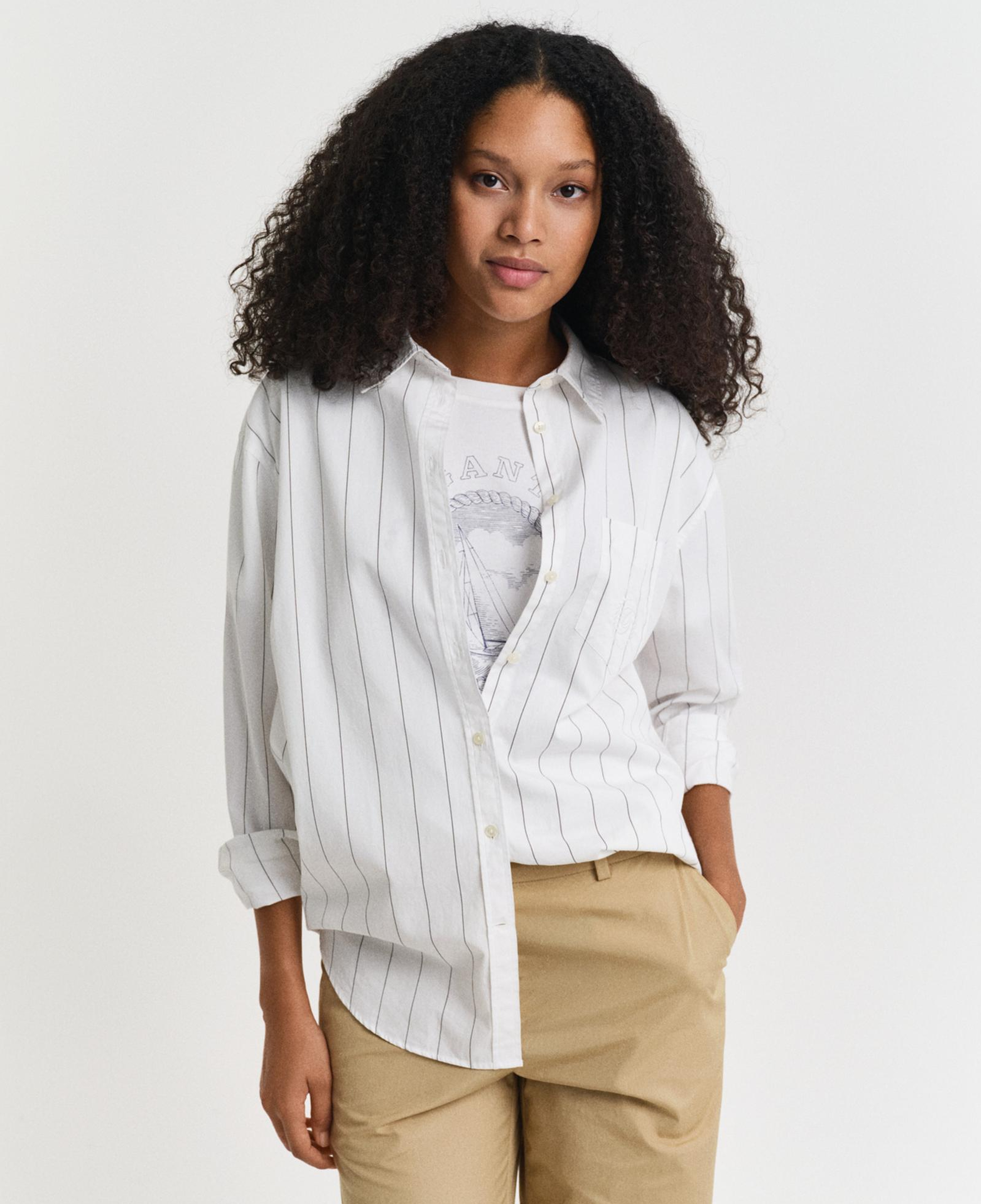 GANT Kadın Lacivert Relaxed Fit Klasik Yaka Çizgili Gömlek