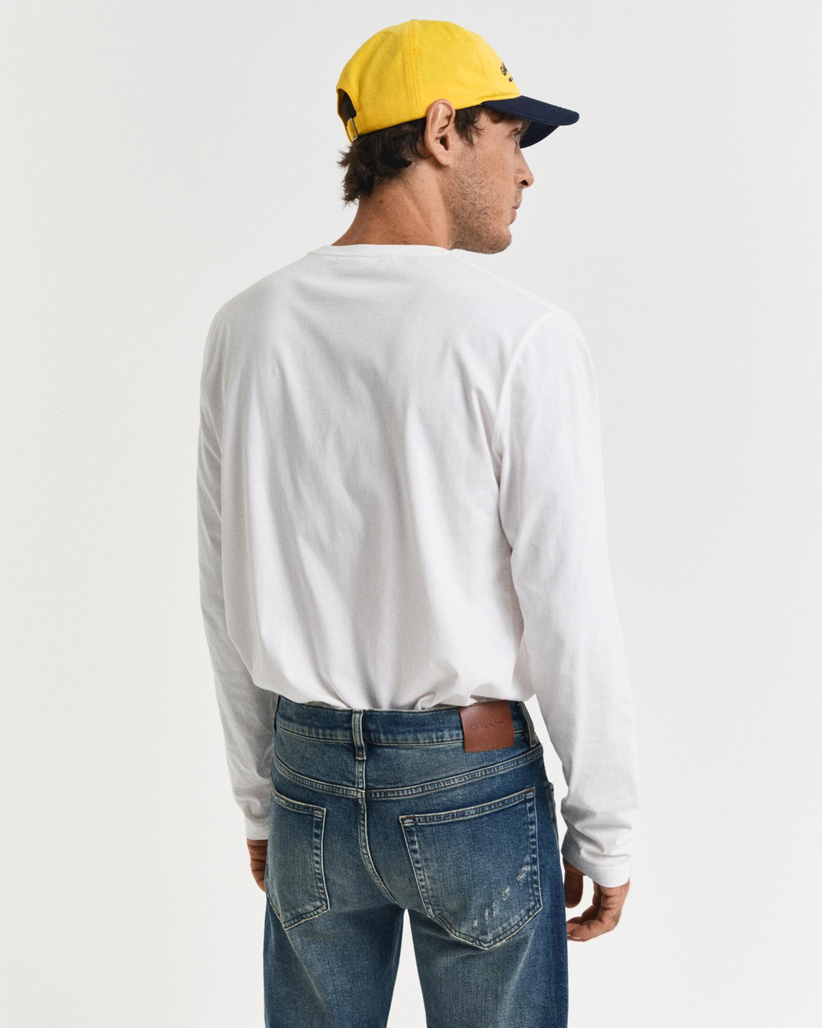 GANT Erkek Beyaz Regular Fit Bisiklet Yaka Uzun Kollu T-Shirt