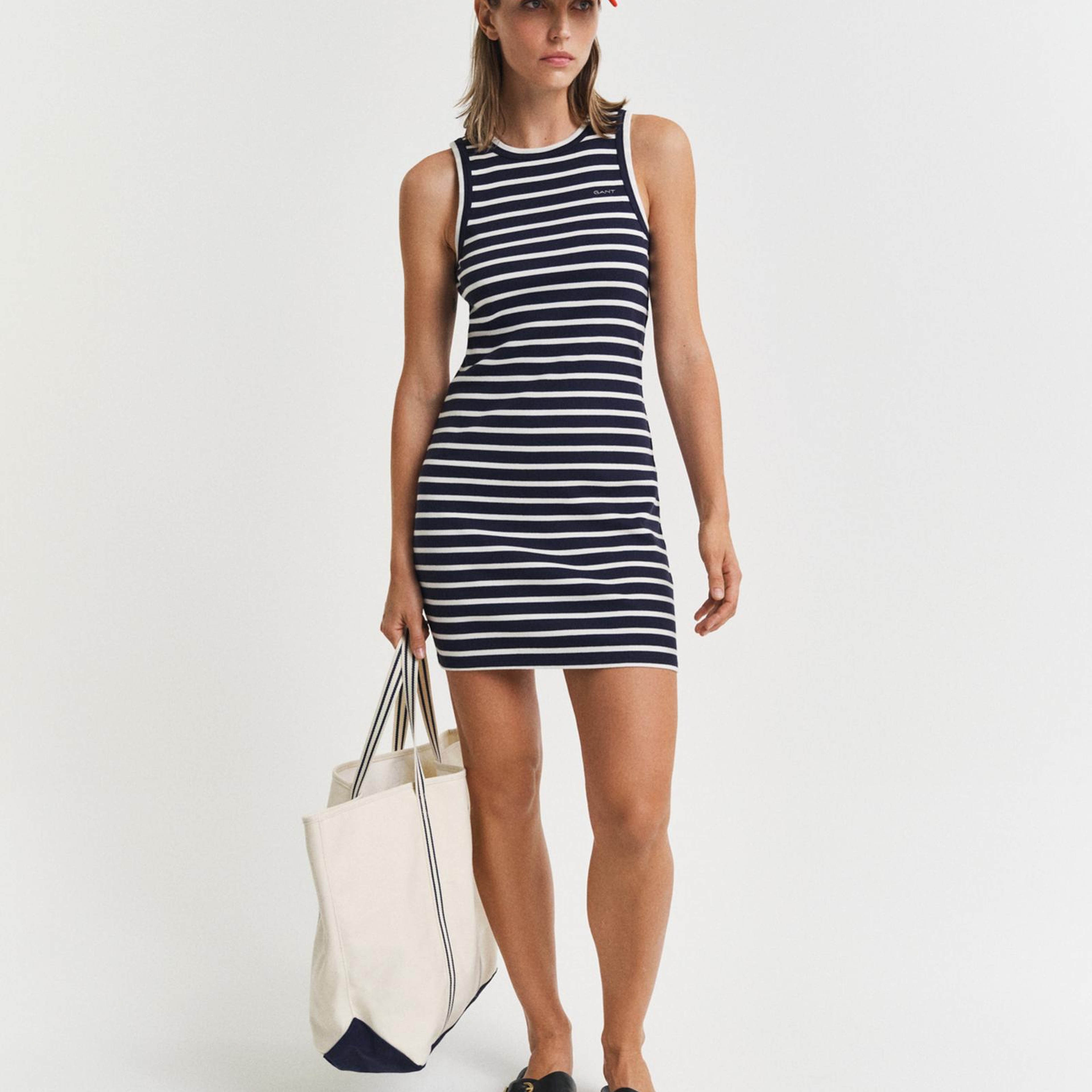 GANT Kadın Lacivert Slim Fit Bisiklet Yaka Çizgili Elbise