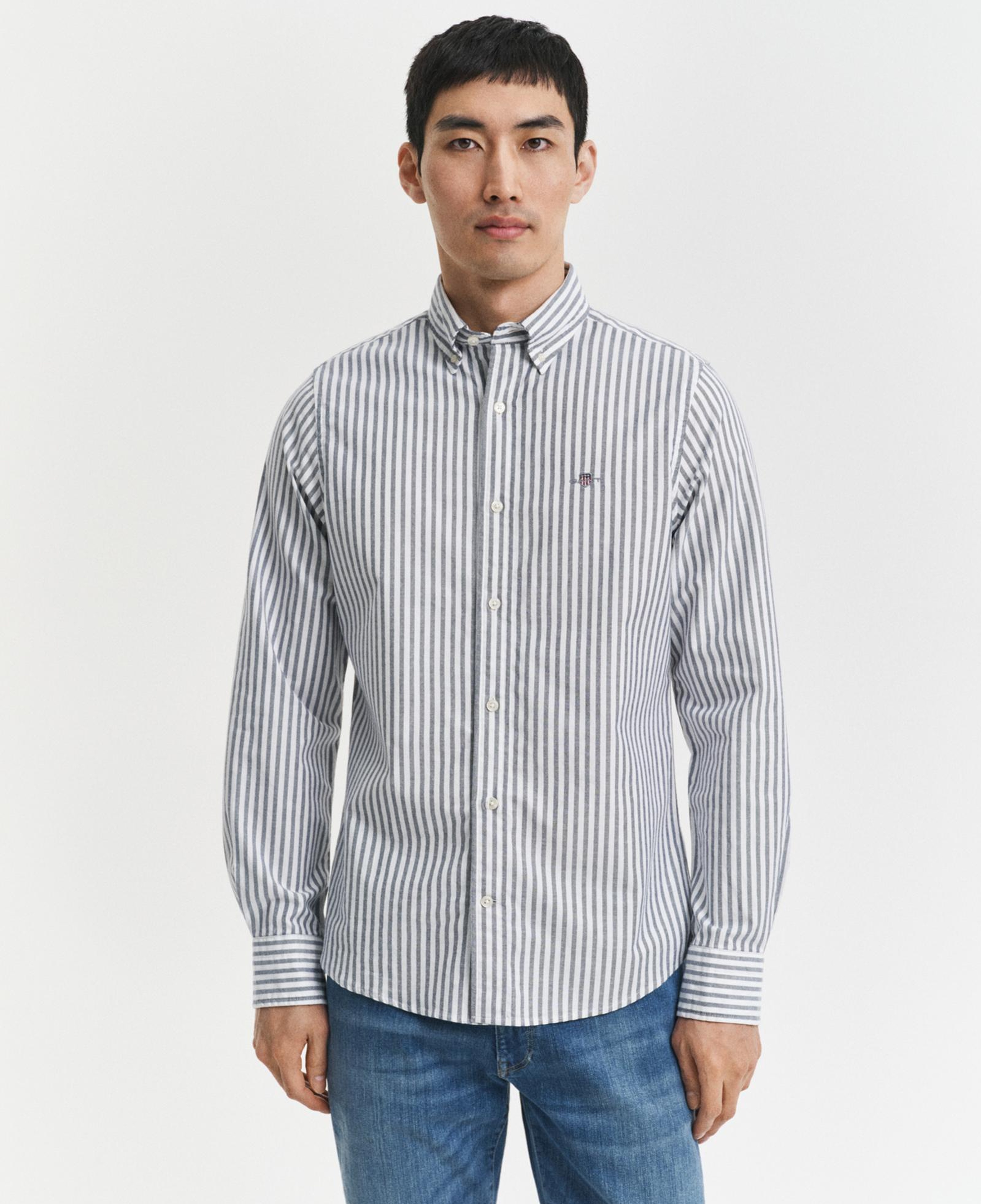 GANT Erkek Mavi Slim Fit Düğmeli Yaka Çizgili Oxford Gömlek
