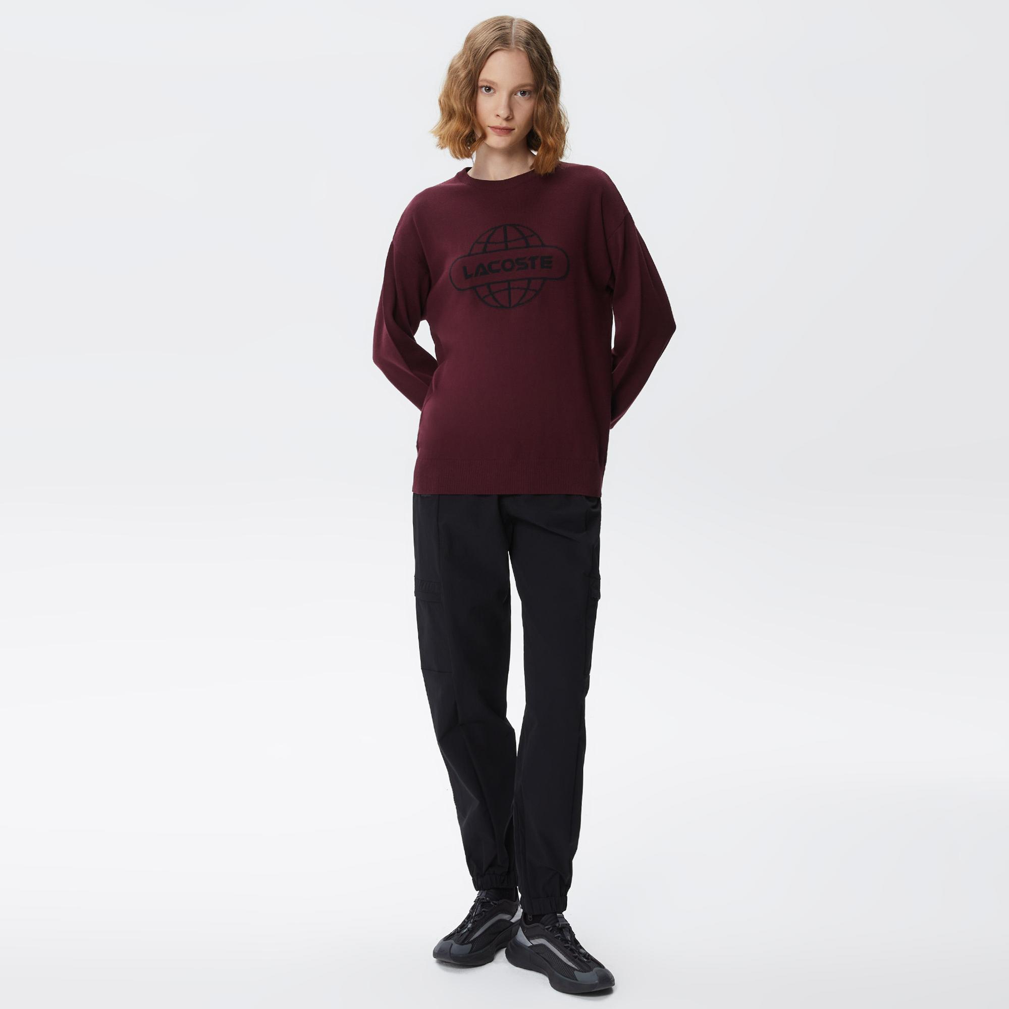 Kadın Regular Fit Bisiklet Yaka Baskılı Kırmızı Kazak