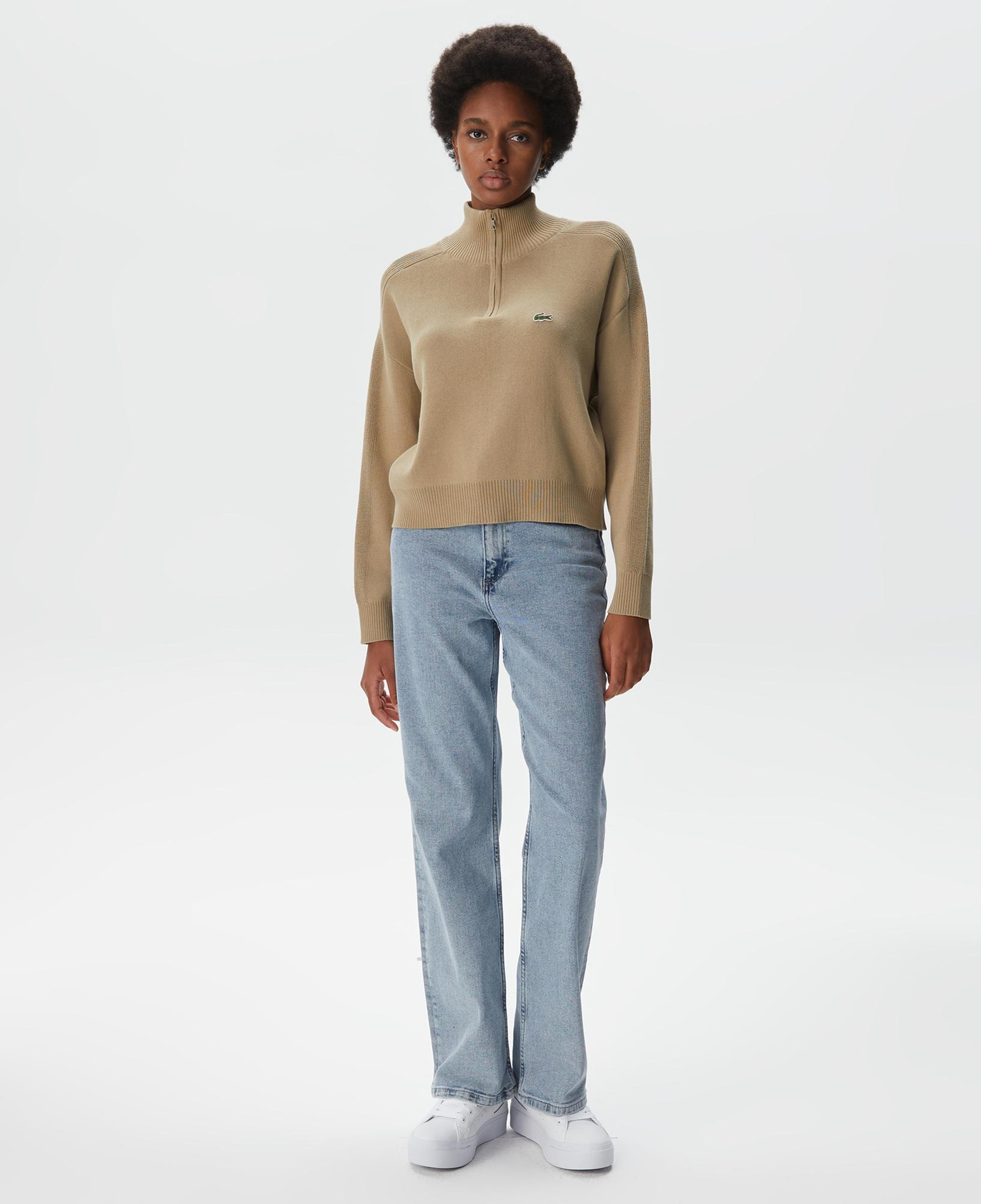 Kadın Relaxed Fit Yarım Fermuarlı Krem Triko