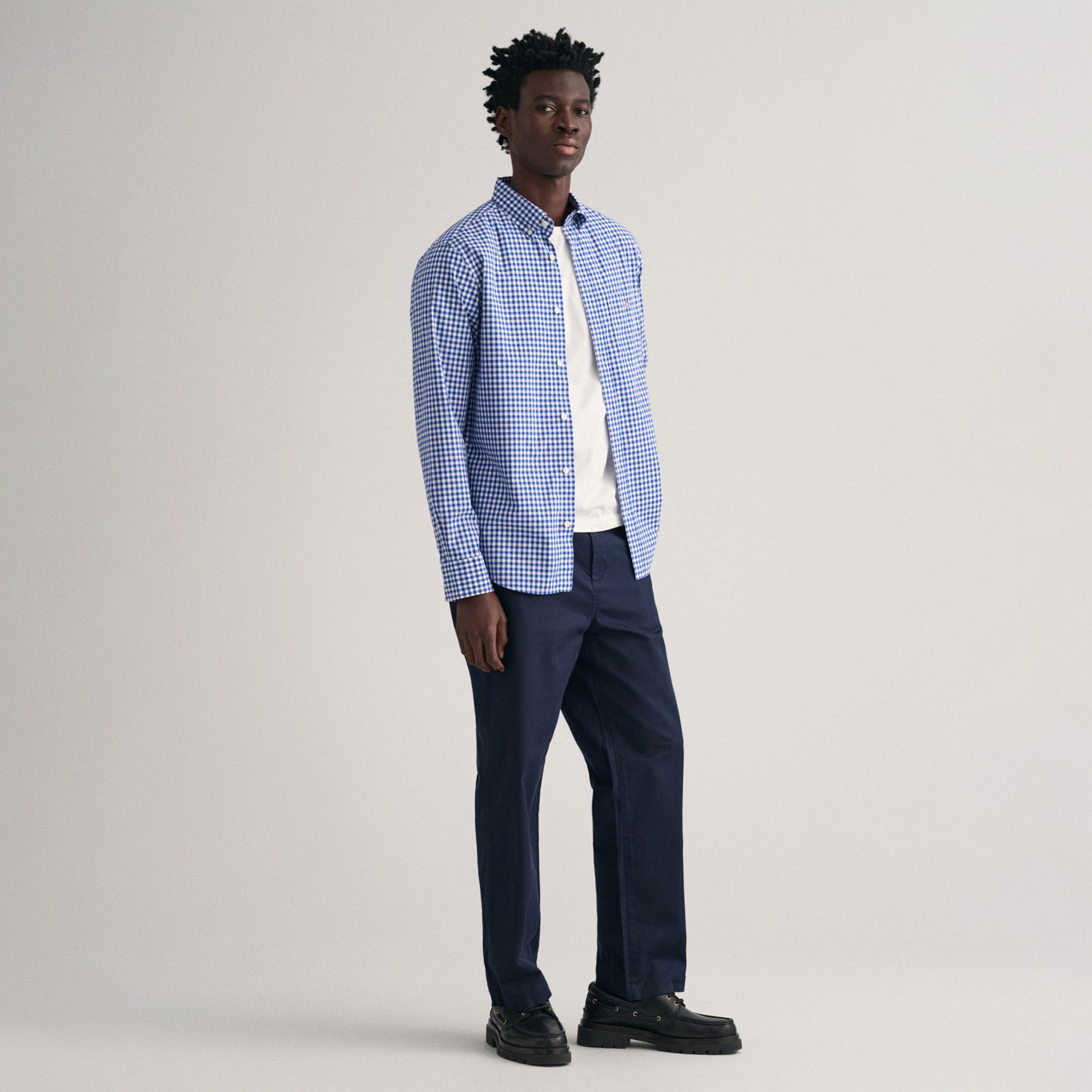 GANT Erkek Mavi Regular Fit Düğmeli Yaka Kareli Gömlek