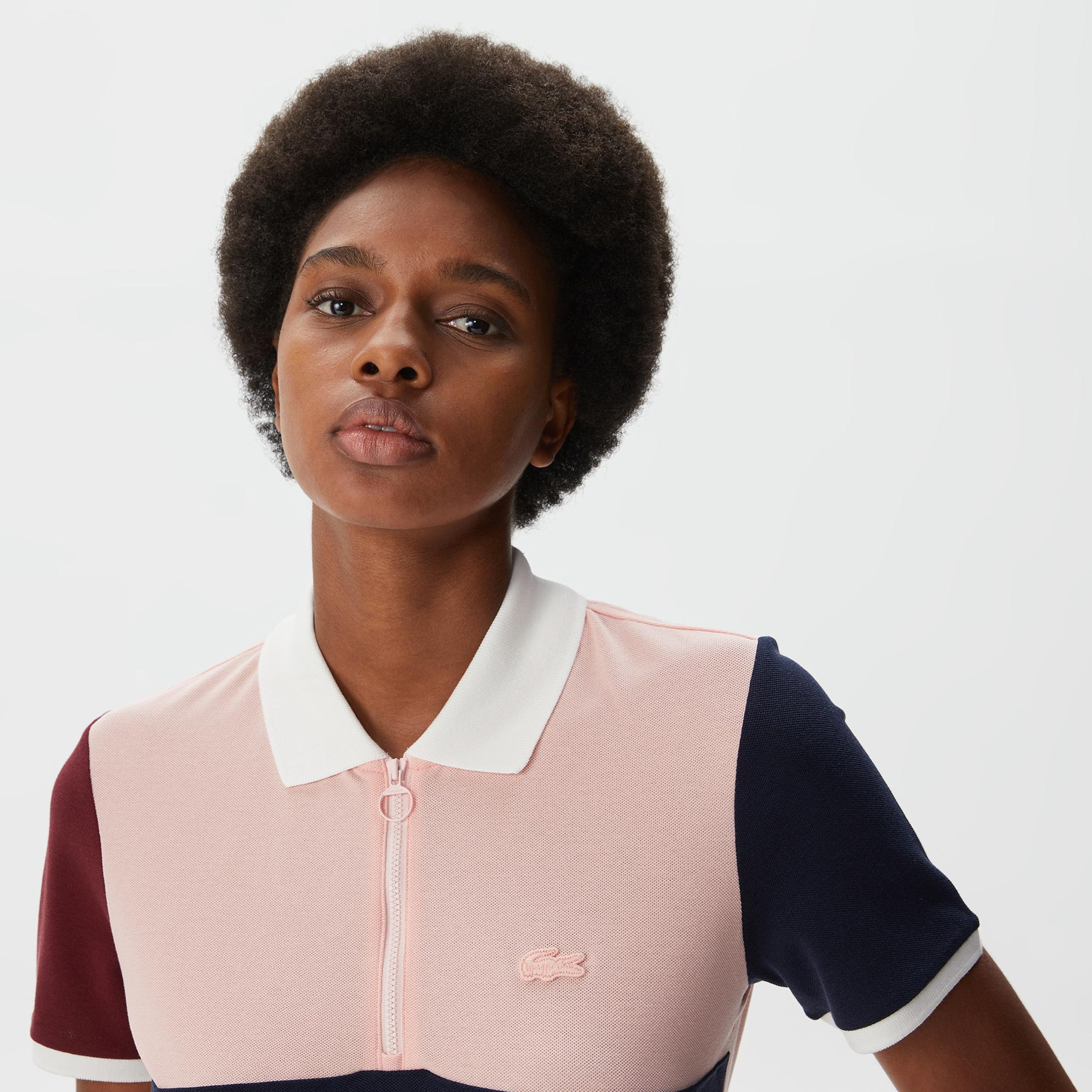 Kadın Loose Fit Yarım Fermuarlı Renk Bloklu Pembe Polo