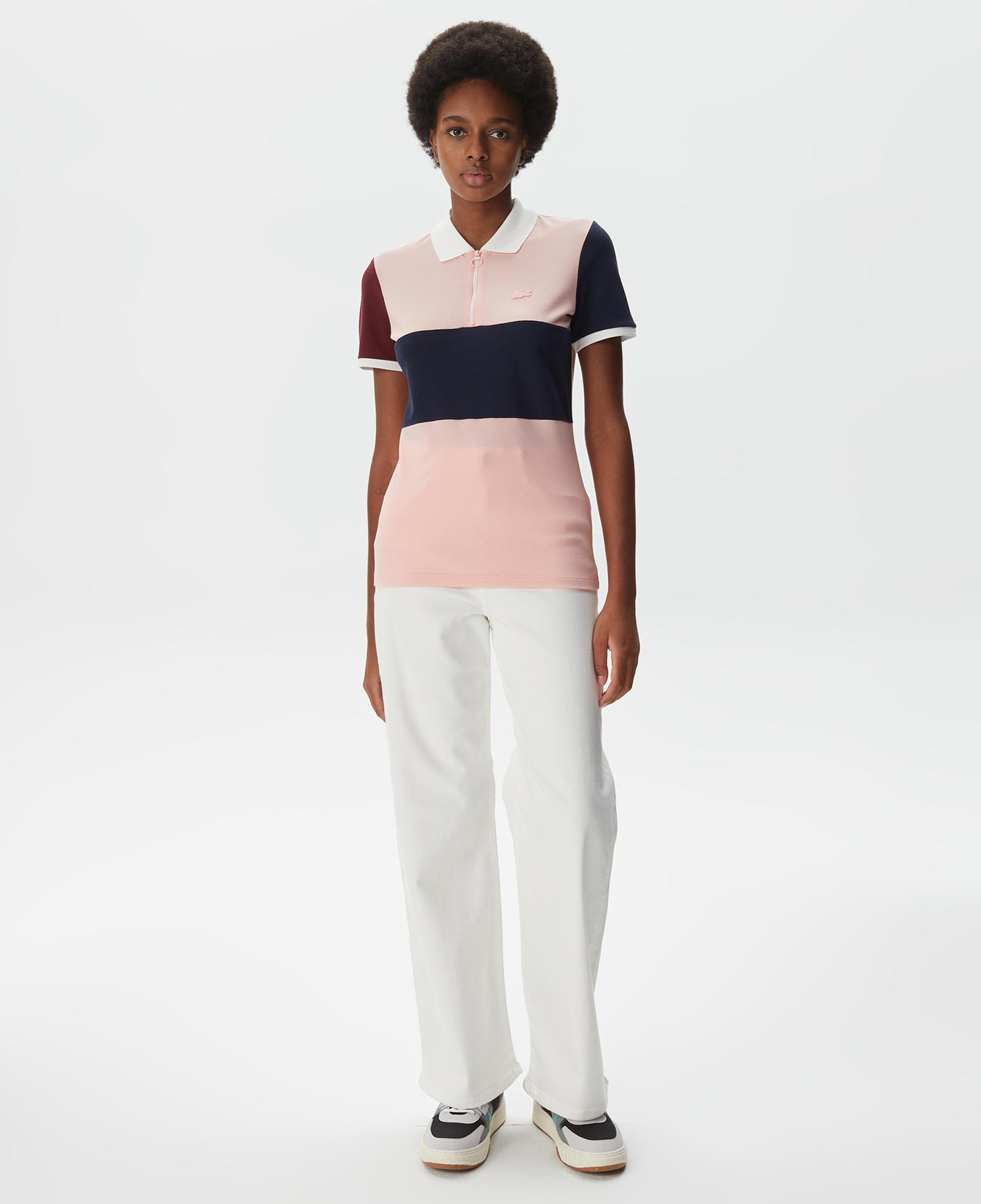 Kadın Loose Fit Yarım Fermuarlı Renk Bloklu Pembe Polo