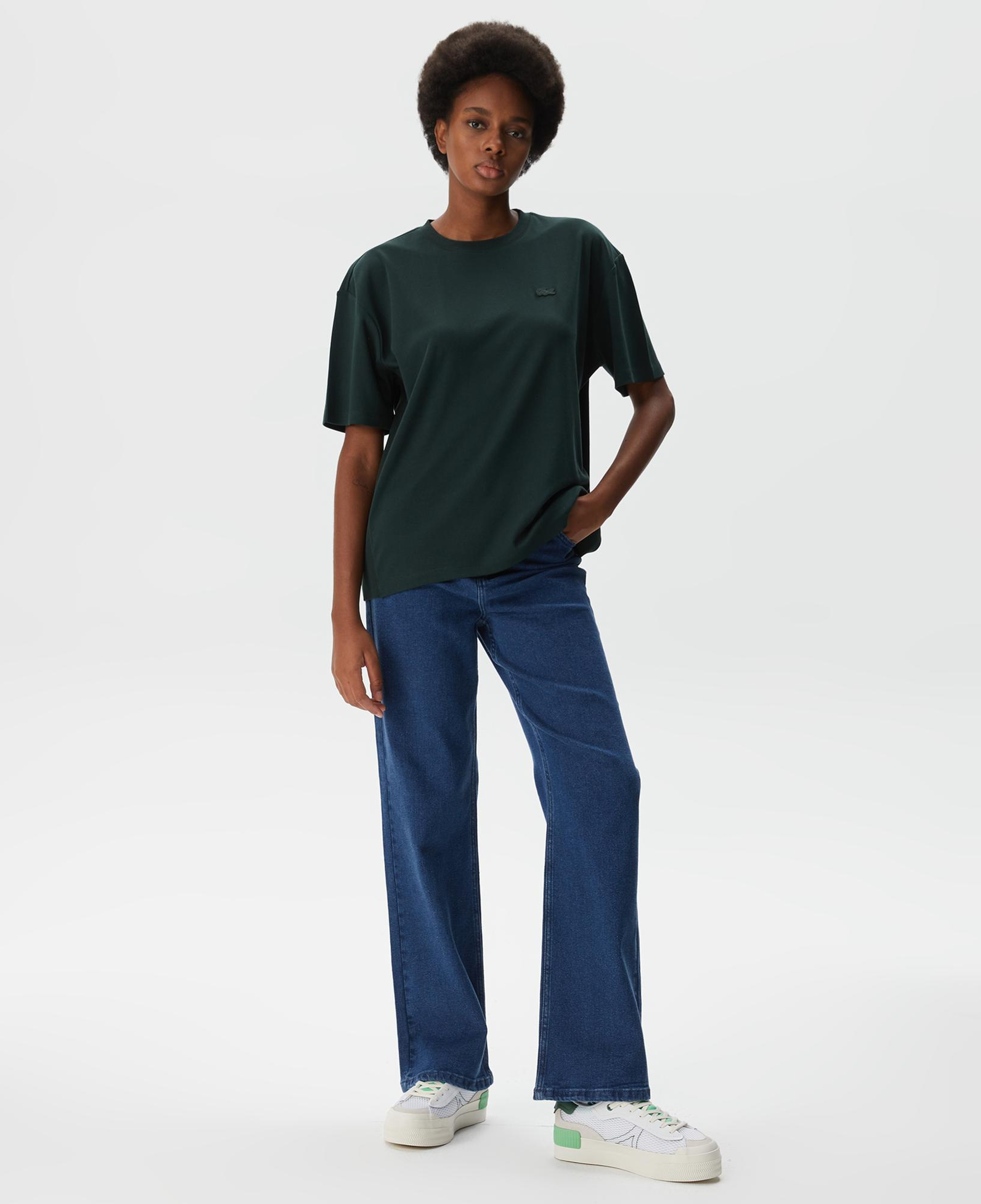 Kadın Relaxed Fit Bisiklet Yaka Koyu Yeşil T-Shirt