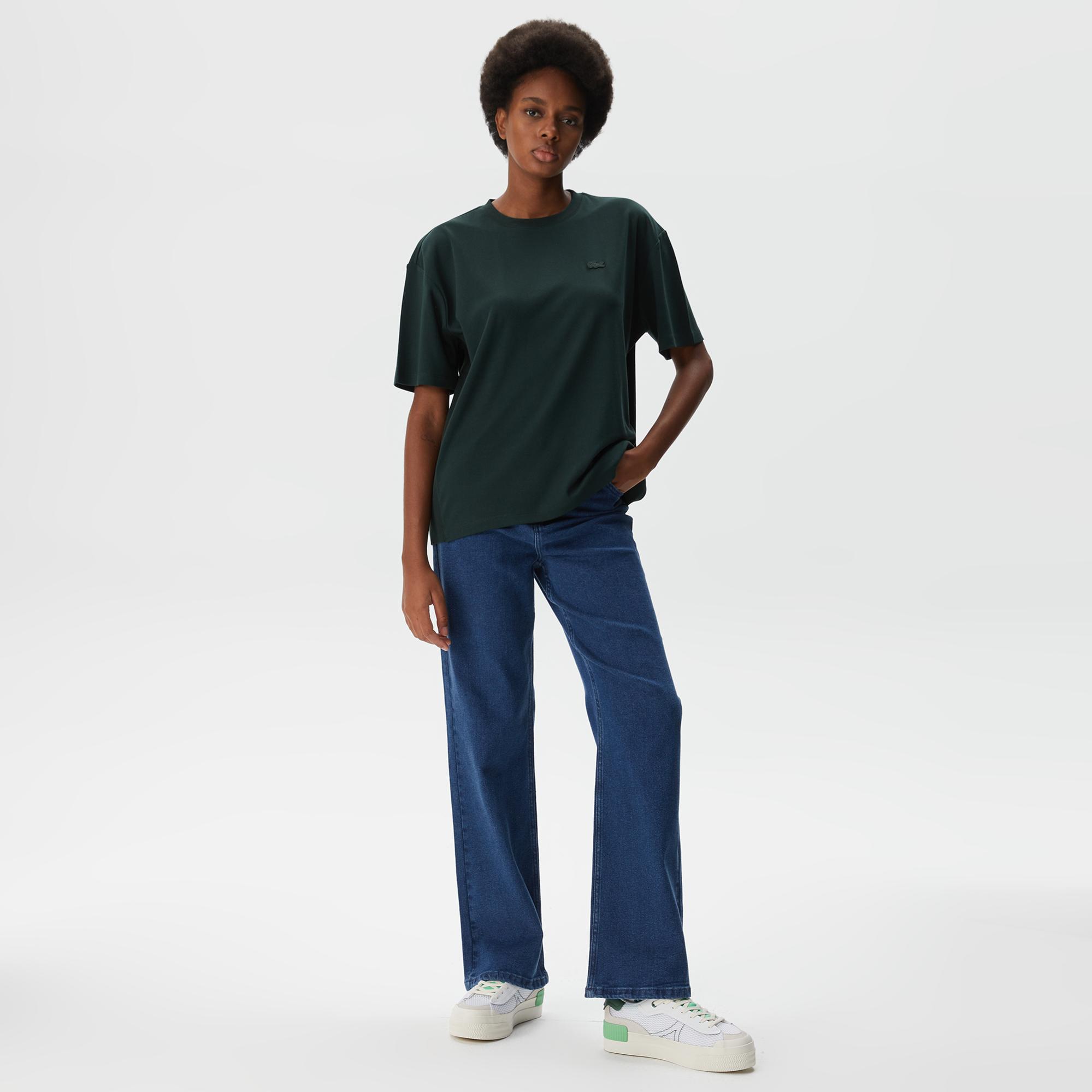 Kadın Relaxed Fit Bisiklet Yaka Koyu Yeşil T-Shirt