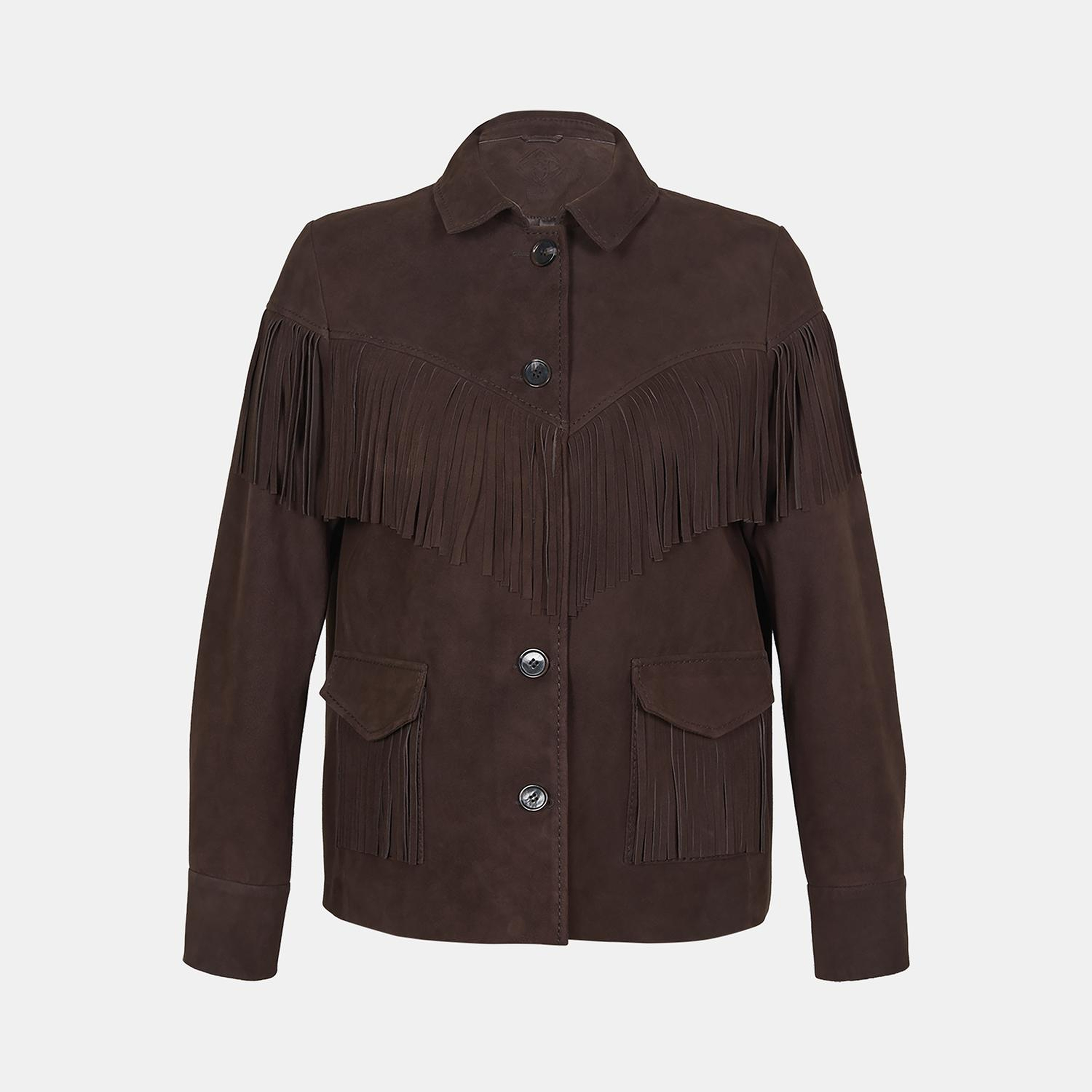 Kadın Koyu Kahve Gömlek Yakalı Püskül Detaylı Süet Ceket