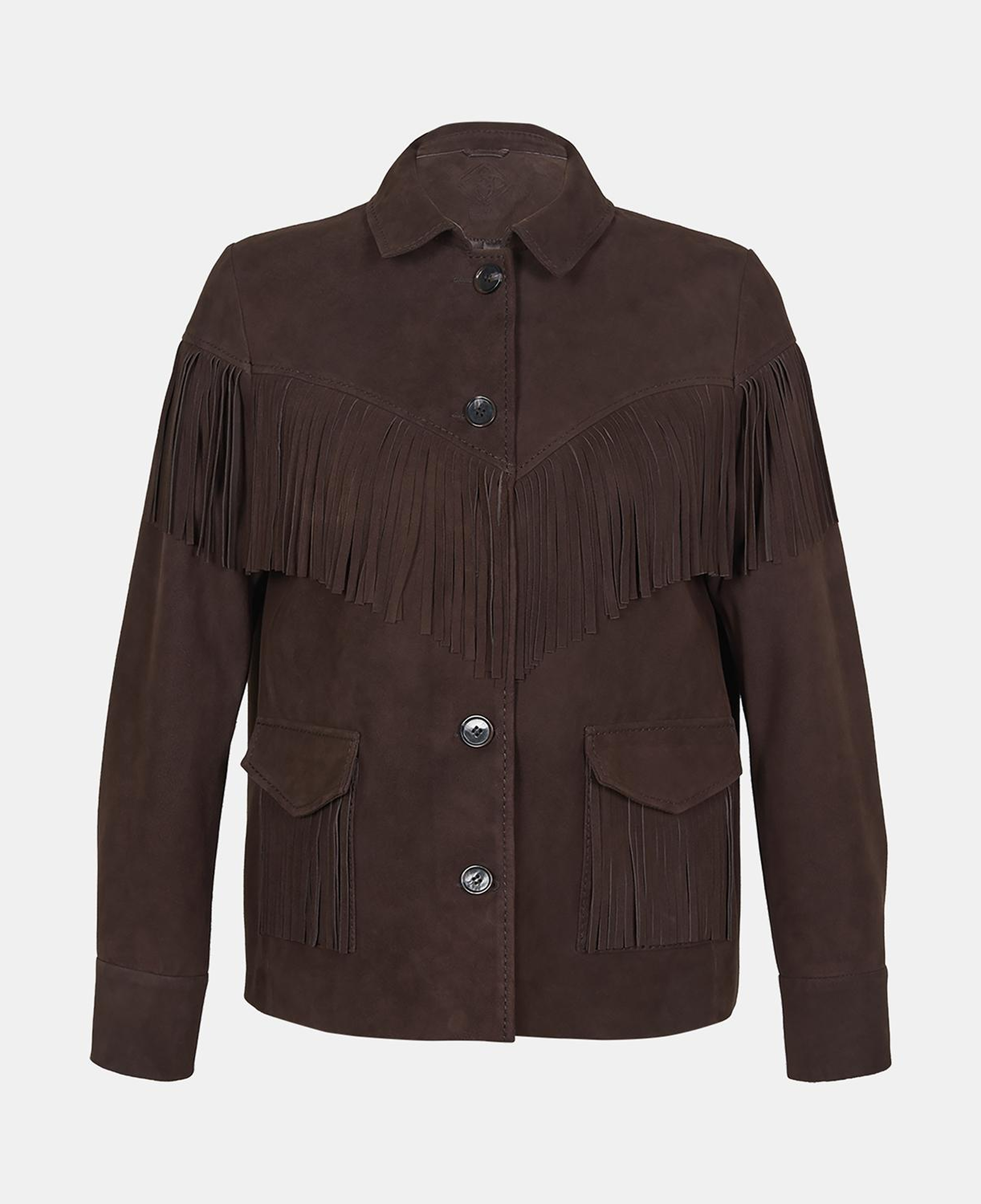 Kadın Koyu Kahve Gömlek Yakalı Püskül Detaylı Süet Ceket