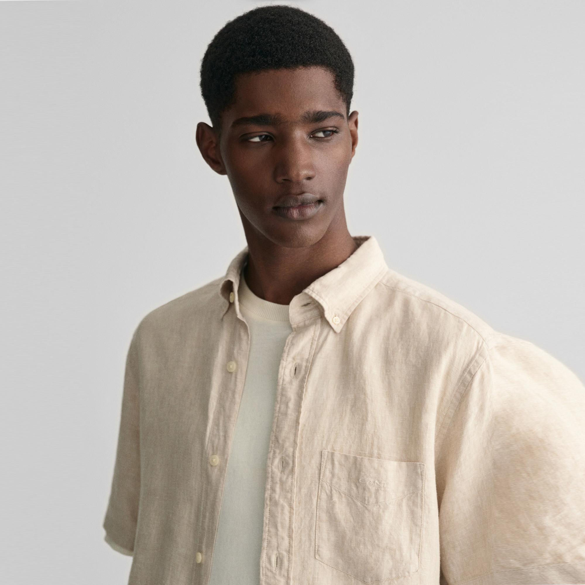 GANT Erkek Bej Regular Fit Düğmeli Yaka Keten Gömlek