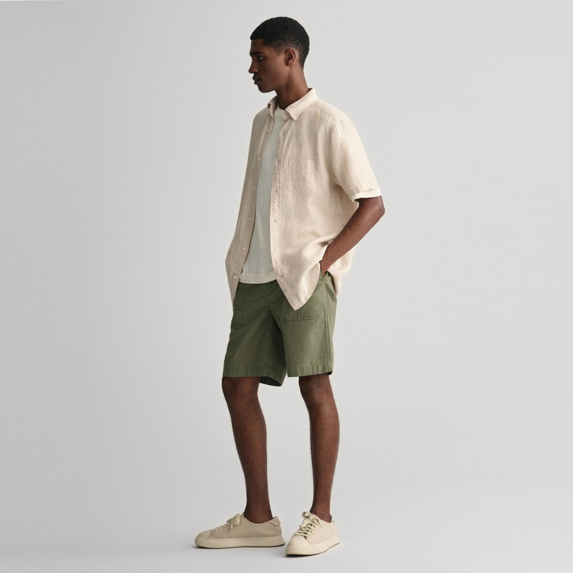 GANT Erkek Bej Regular Fit Düğmeli Yaka Keten Gömlek