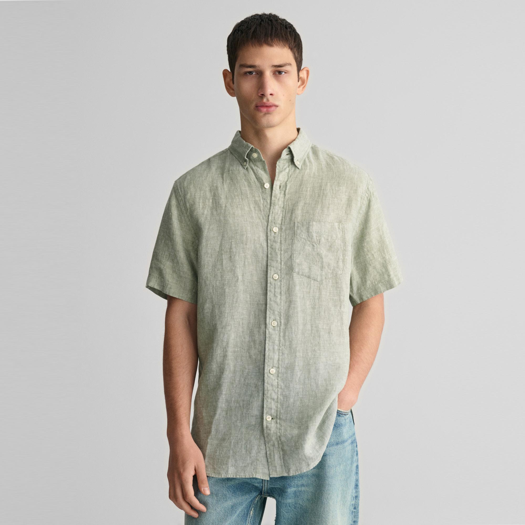 GANT Erkek Yeşil Regular Fit Düğmeli Yaka Keten Gömlek