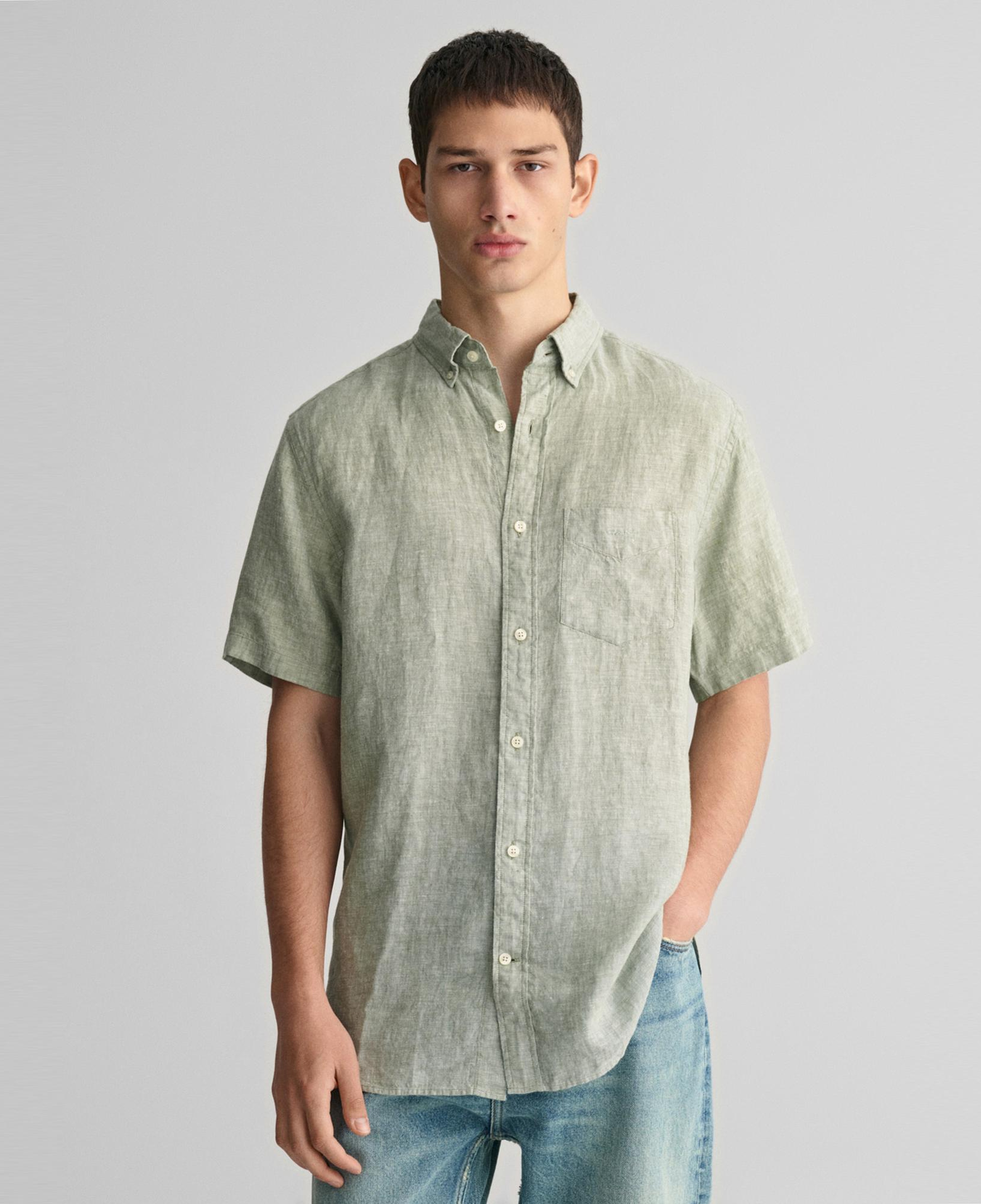 GANT Erkek Yeşil Regular Fit Düğmeli Yaka Keten Gömlek