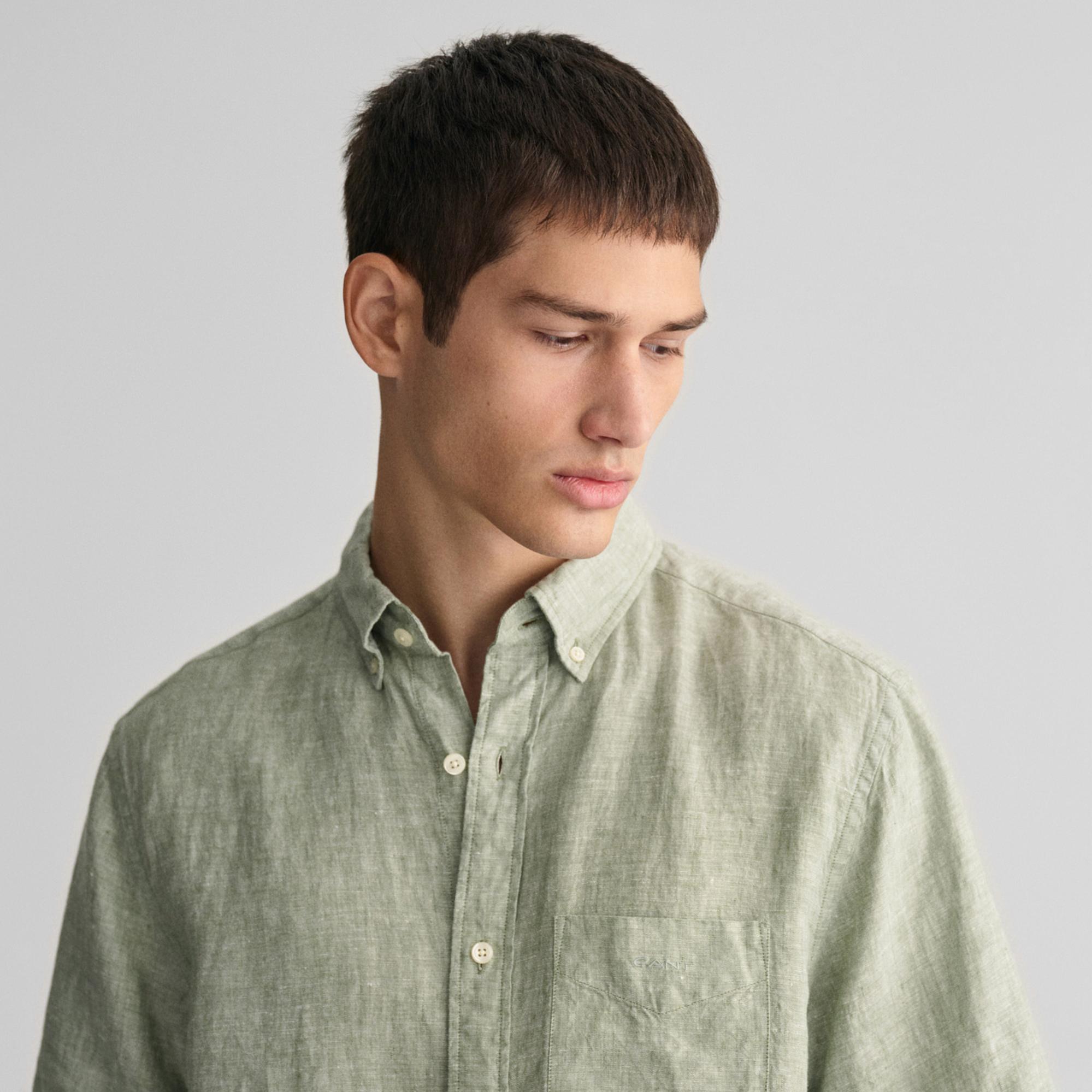 GANT Erkek Yeşil Regular Fit Düğmeli Yaka Keten Gömlek