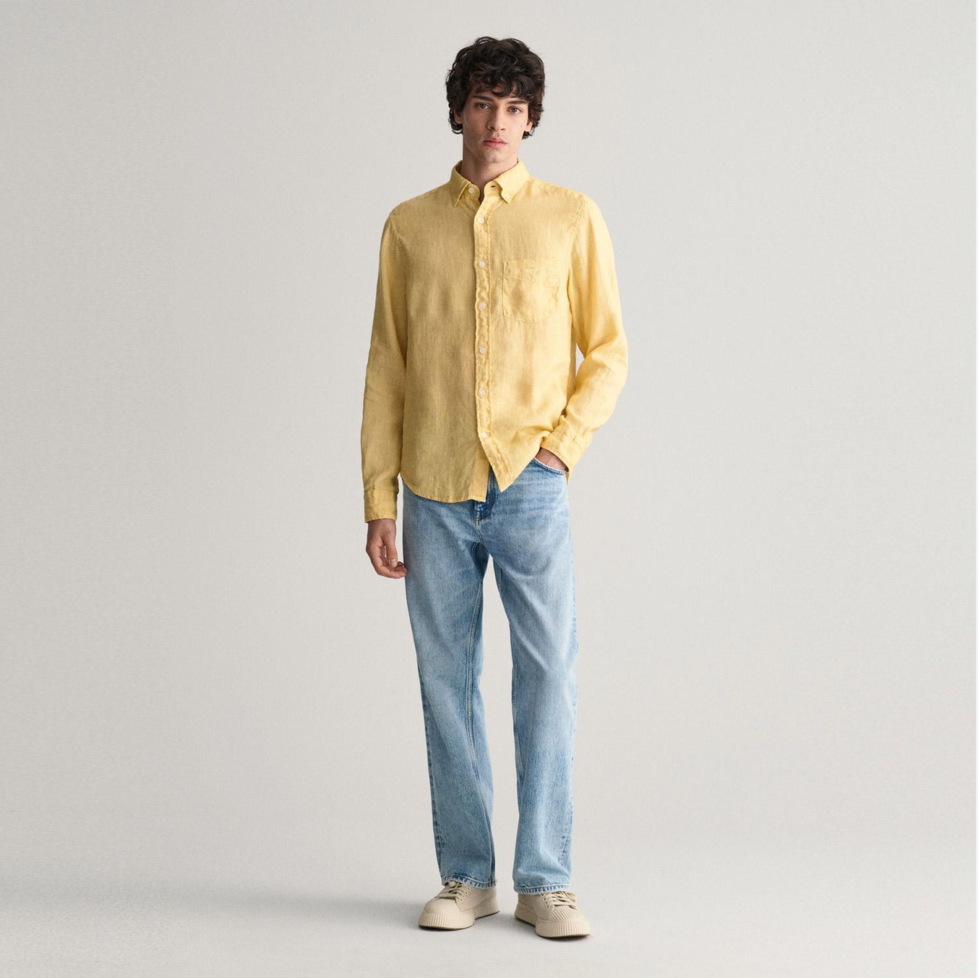 GANT Erkek Sarı Regular Fit Düğmeli Yaka Keten Gömlek