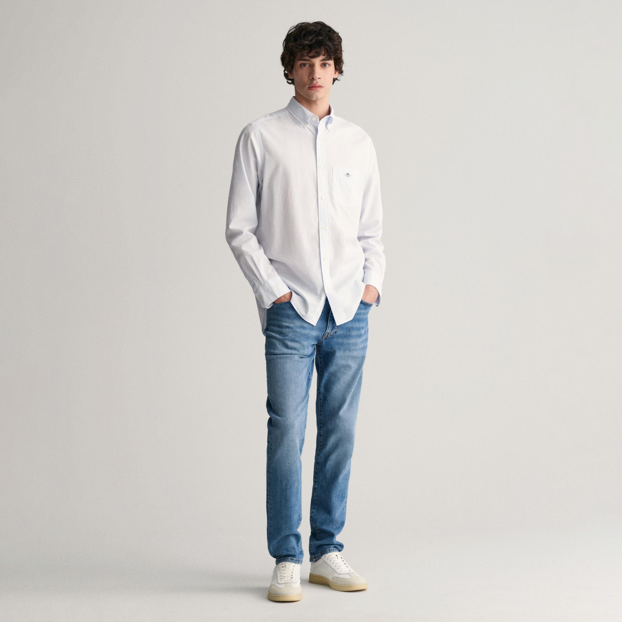 GANT Erkek Mavi Regular Fit Çizgili Düğmeli Yaka Gömlek