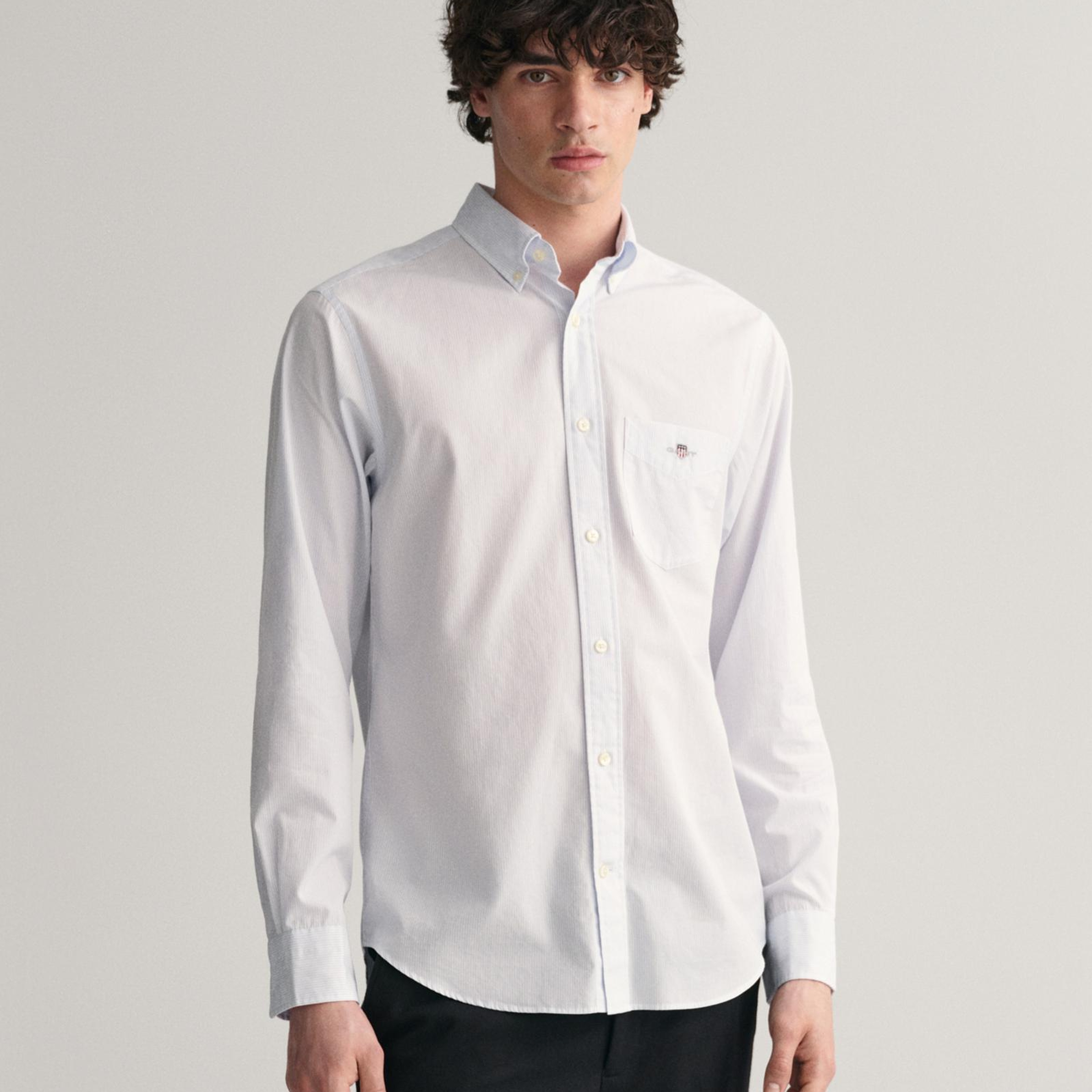 GANT Erkek Mavi Regular Fit Çizgili Düğmeli Yaka Gömlek