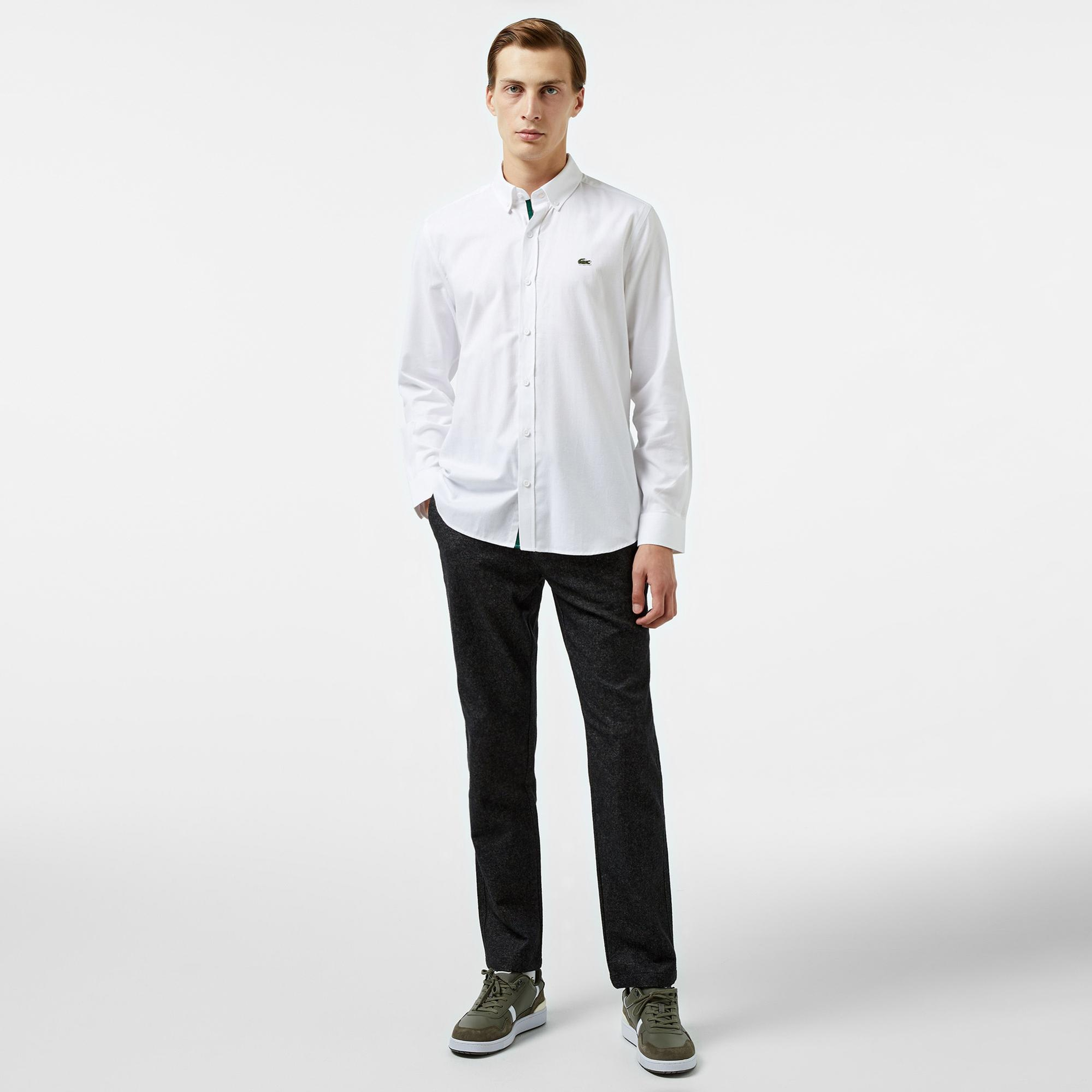 Erkek Slim Fit Düğmeli Yaka Beyaz Gömlek