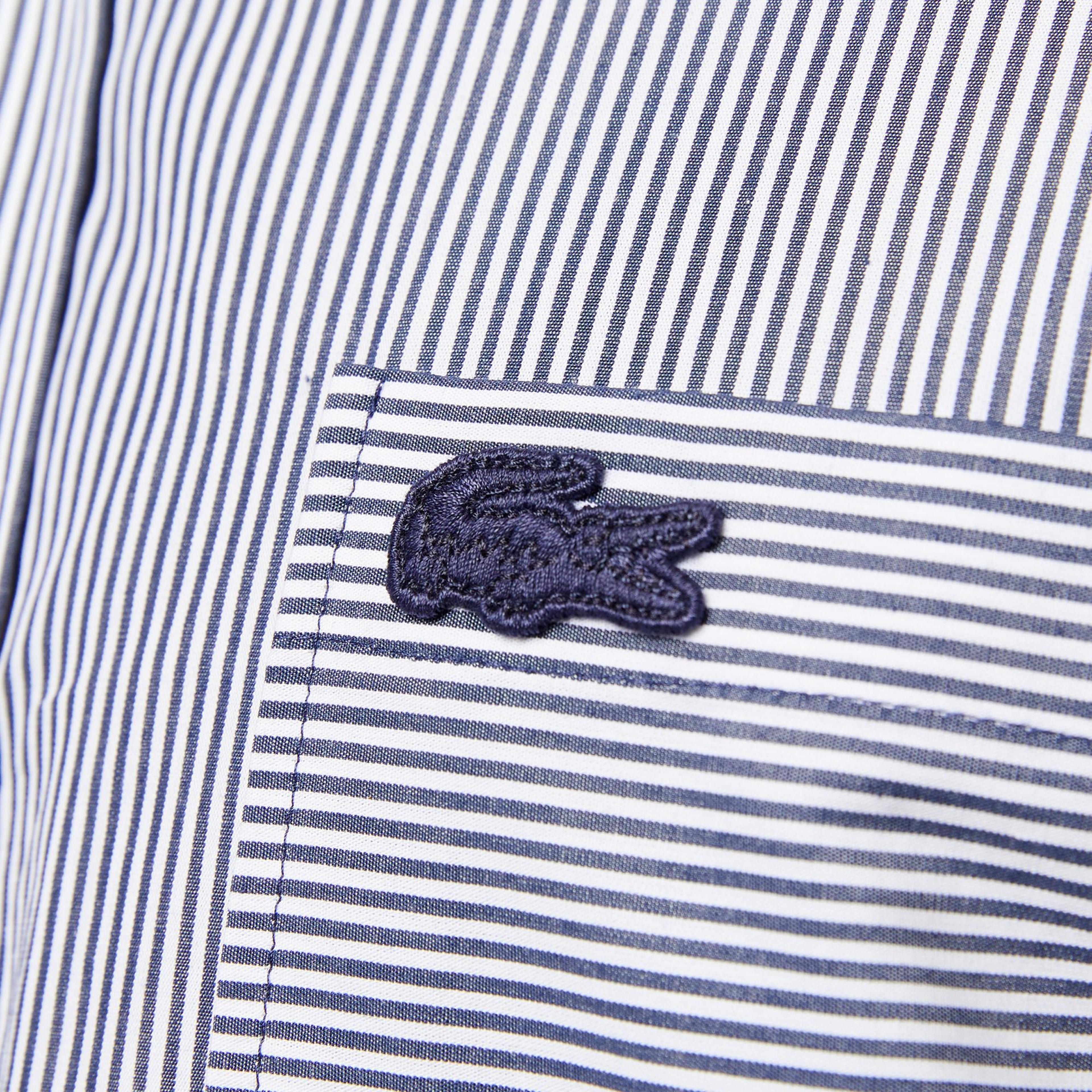 Erkek Relaxed Fit Düğmeli Yaka Çizgili Mavi Gömlek